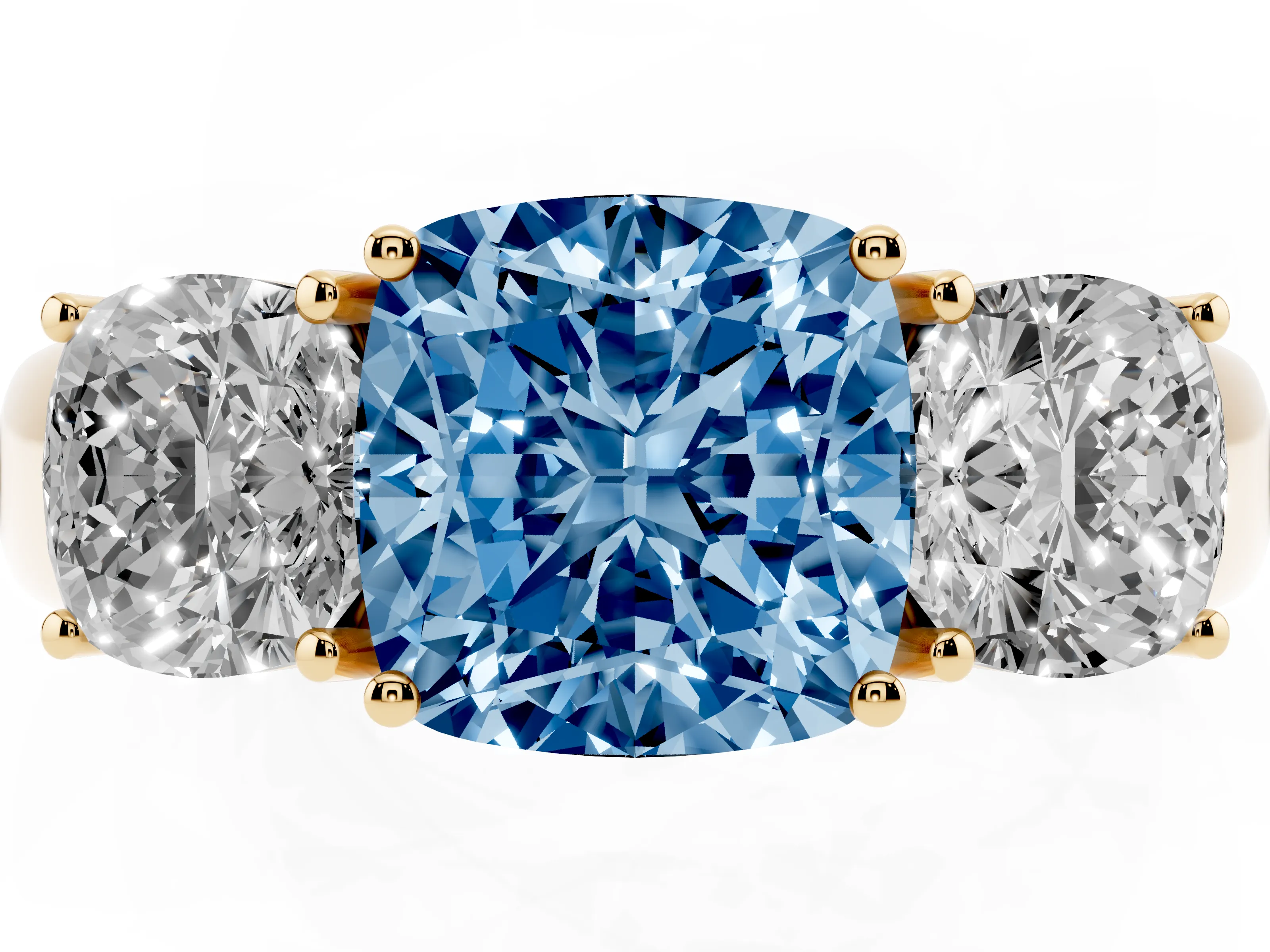 Fancy Blue Three-Stone Cushion Cut Diamond Ring Set in Yellow gold with Matching Prong Settings and Plain Band