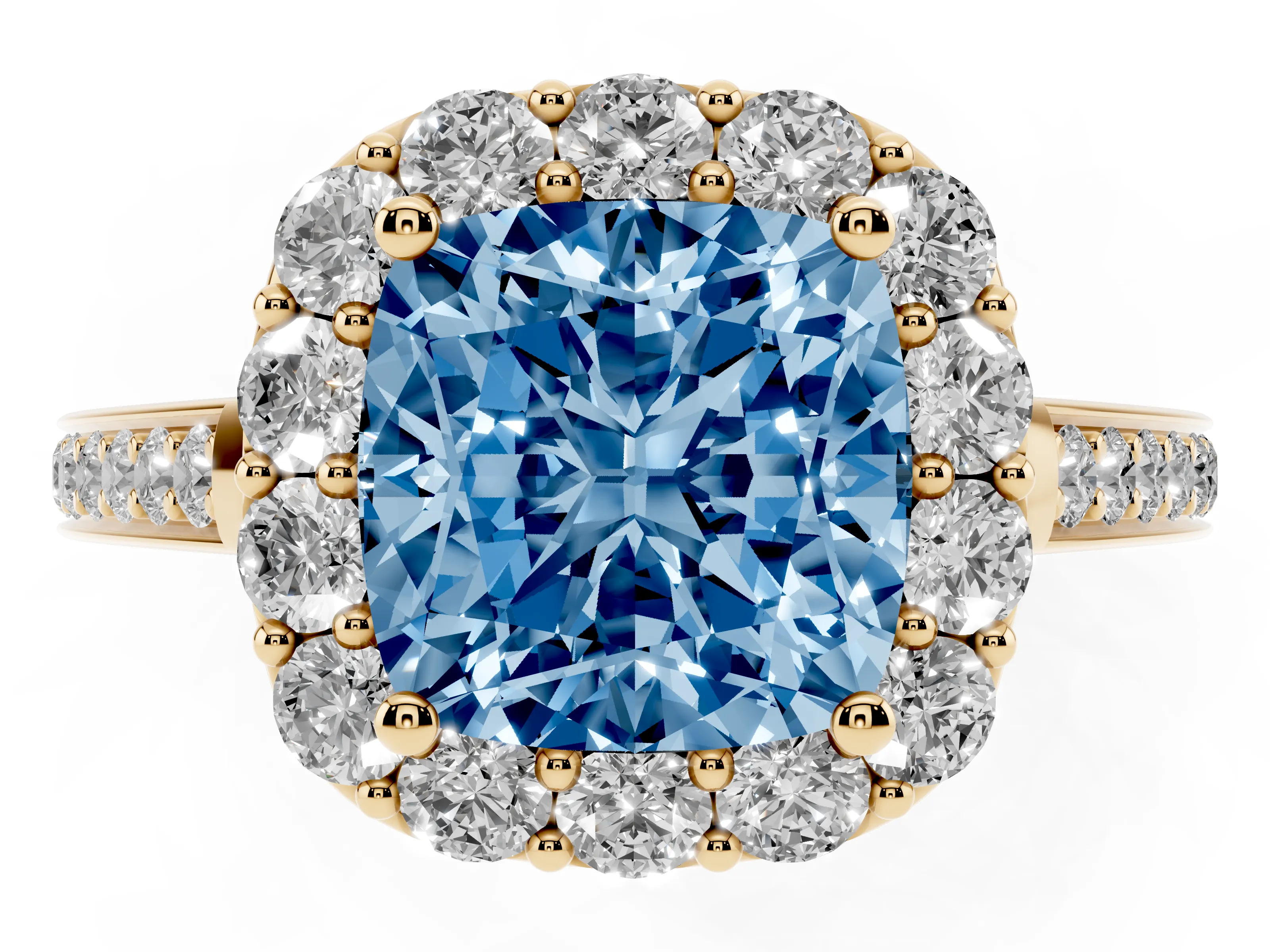 Fancy Blue Cushion Cut Diamond Floral Halo Ring Set in Yellow gold with Pavé Band and Prong Setting