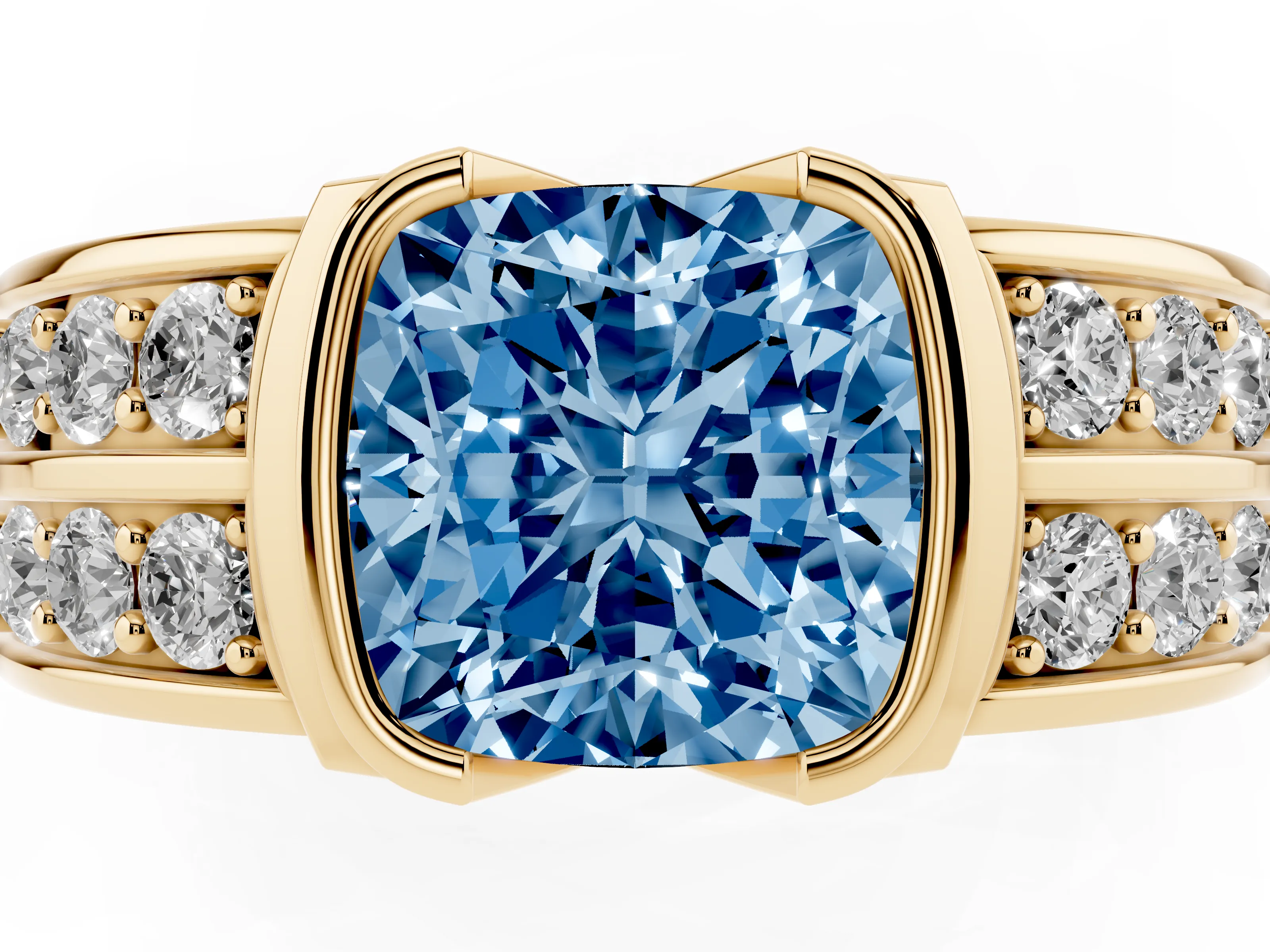 Fancy Blue Cushion Cut Diamond Wide Channel Set Band Ring Set in Yellow gold with Bezel Setting
