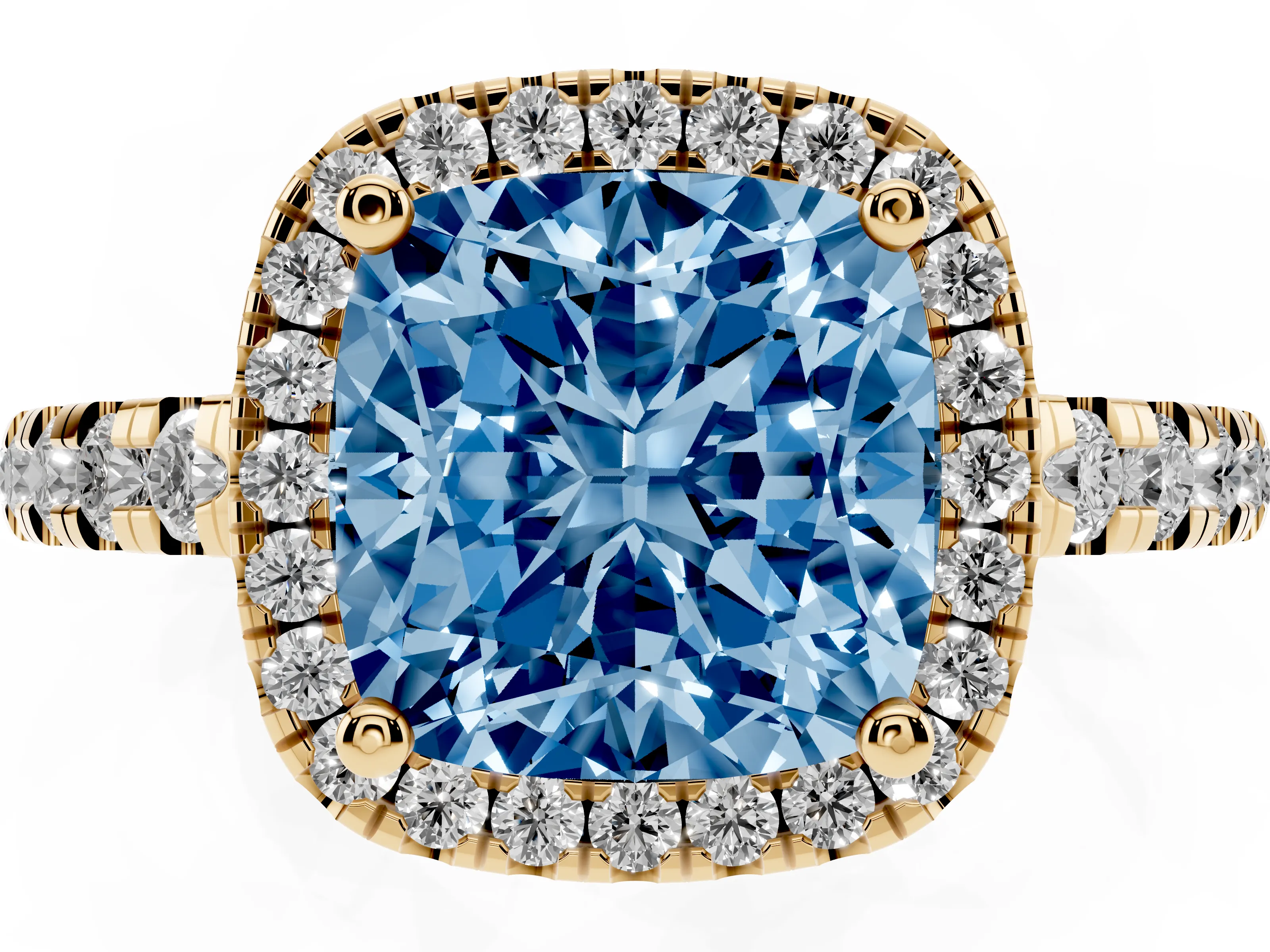 Fancy Blue Cushion Cut Diamond Halo Ring Set in Yellow gold with Delicate Pavé Band and Prong Setting