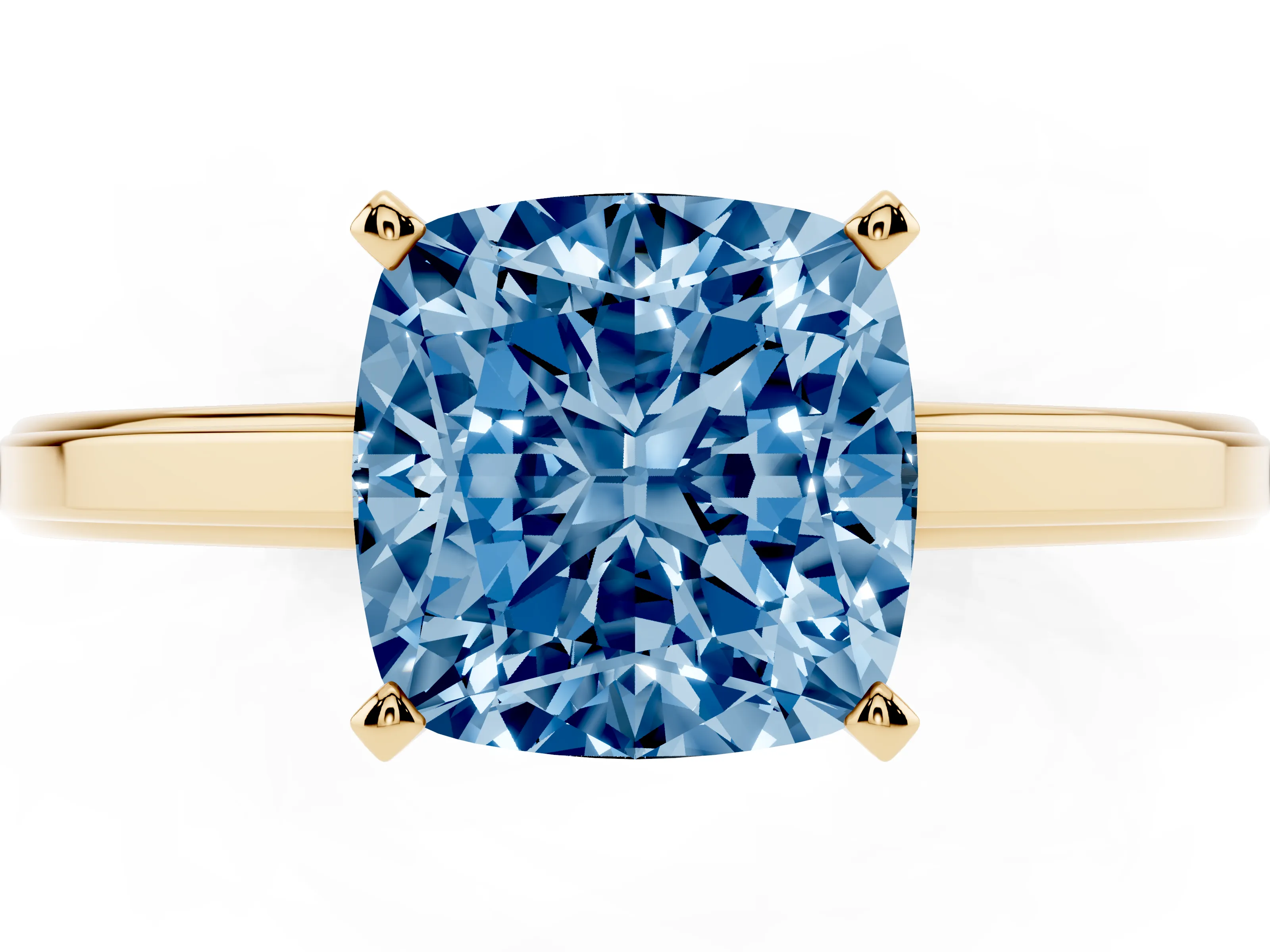 Fancy Blue Cushion Cut Diamond Solitaire Ring Set in Yellow gold with Prong Setting and Classic Band