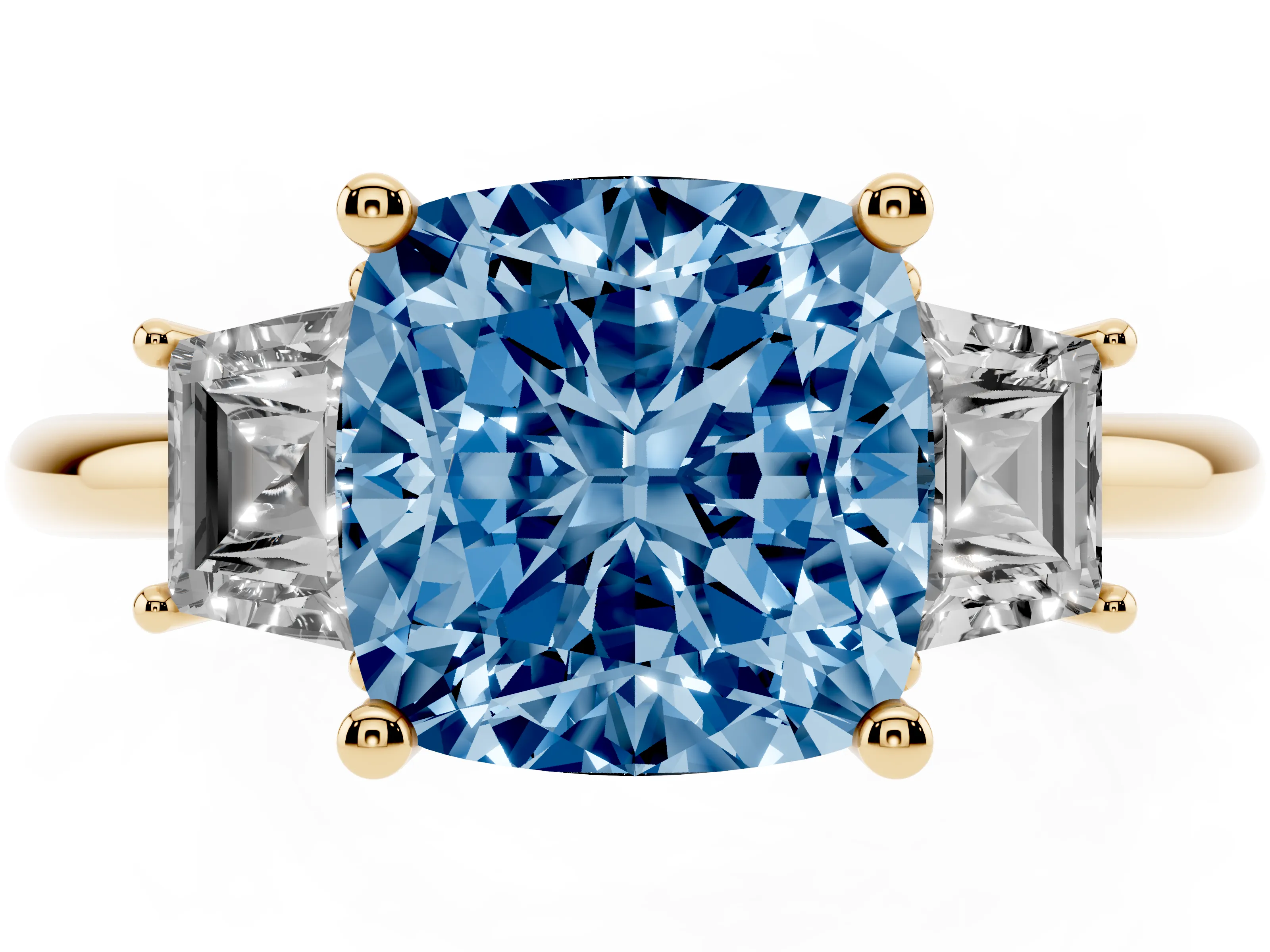 Fancy Blue Cushion Cut Diamond Three-Stone Ring Set in Yellow gold with Trapezoid Side Stones and Prong Setting