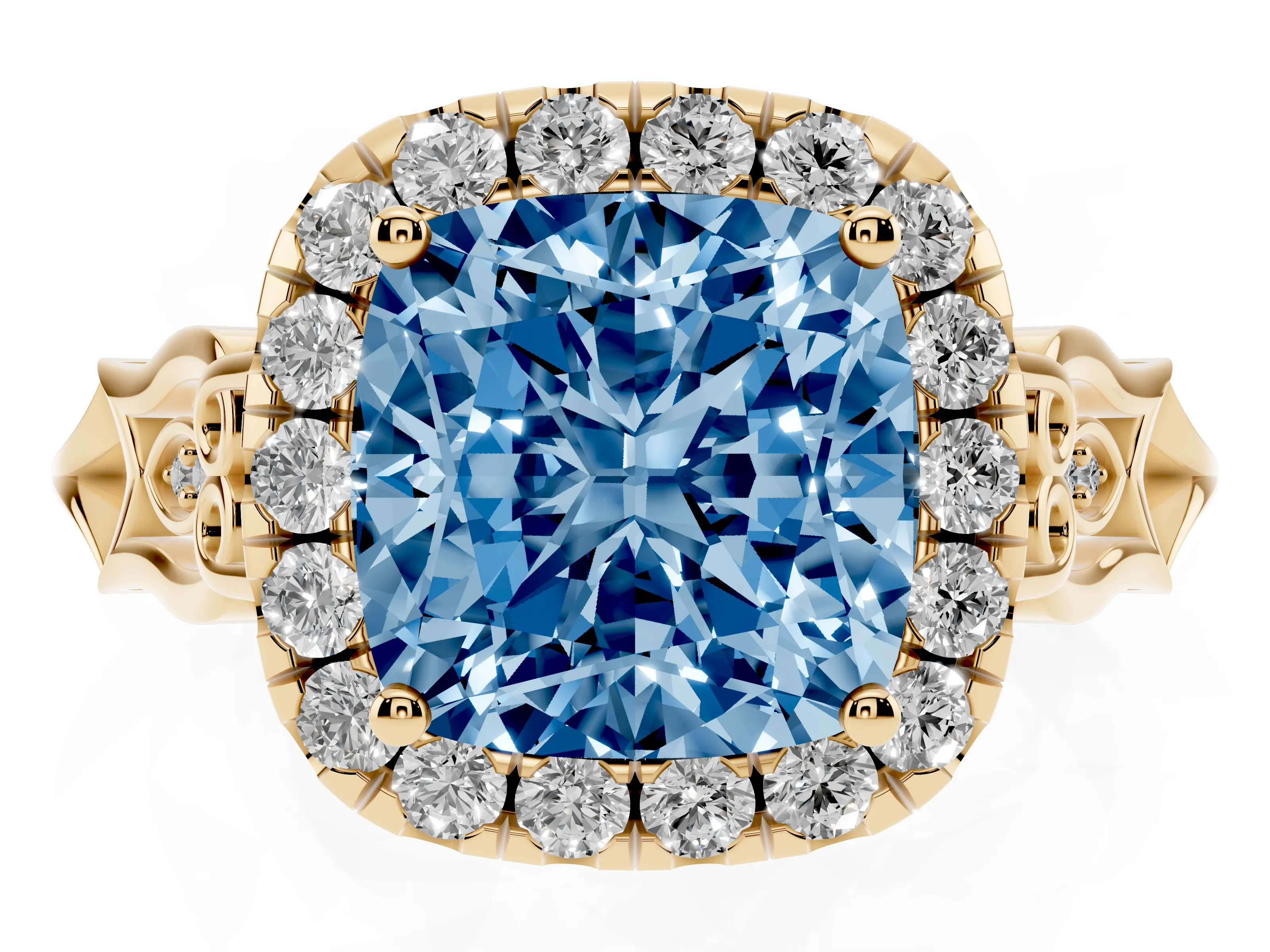 Fancy Blue Cushion Cut Diamond Halo Engagement Ring Set in Yellow gold with Filigree Band and Prong-Set Center