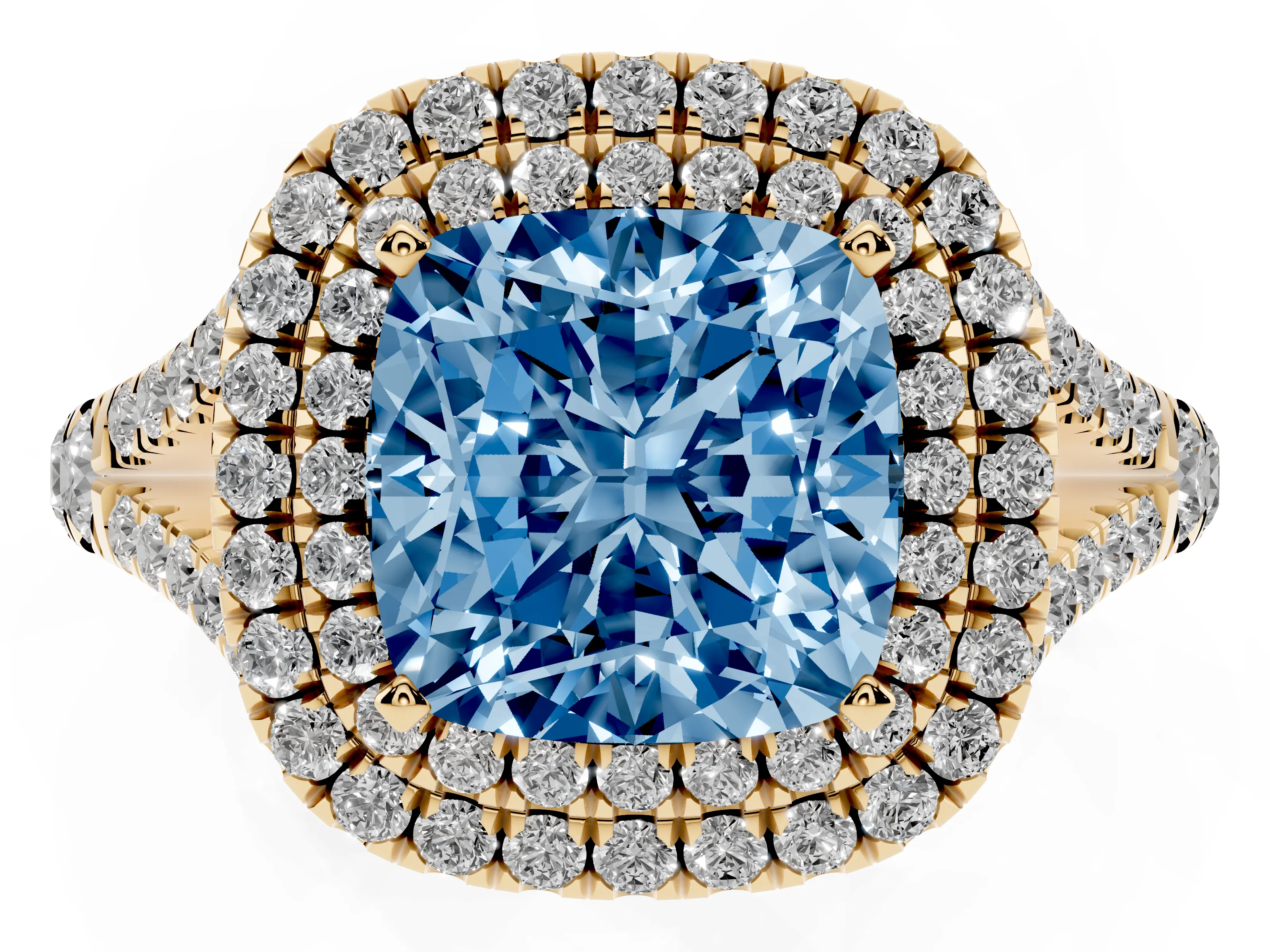 Fancy Blue Cushion Cut Diamond Pavé Split Shank Double Halo Engagement Ring Set in Yellow gold