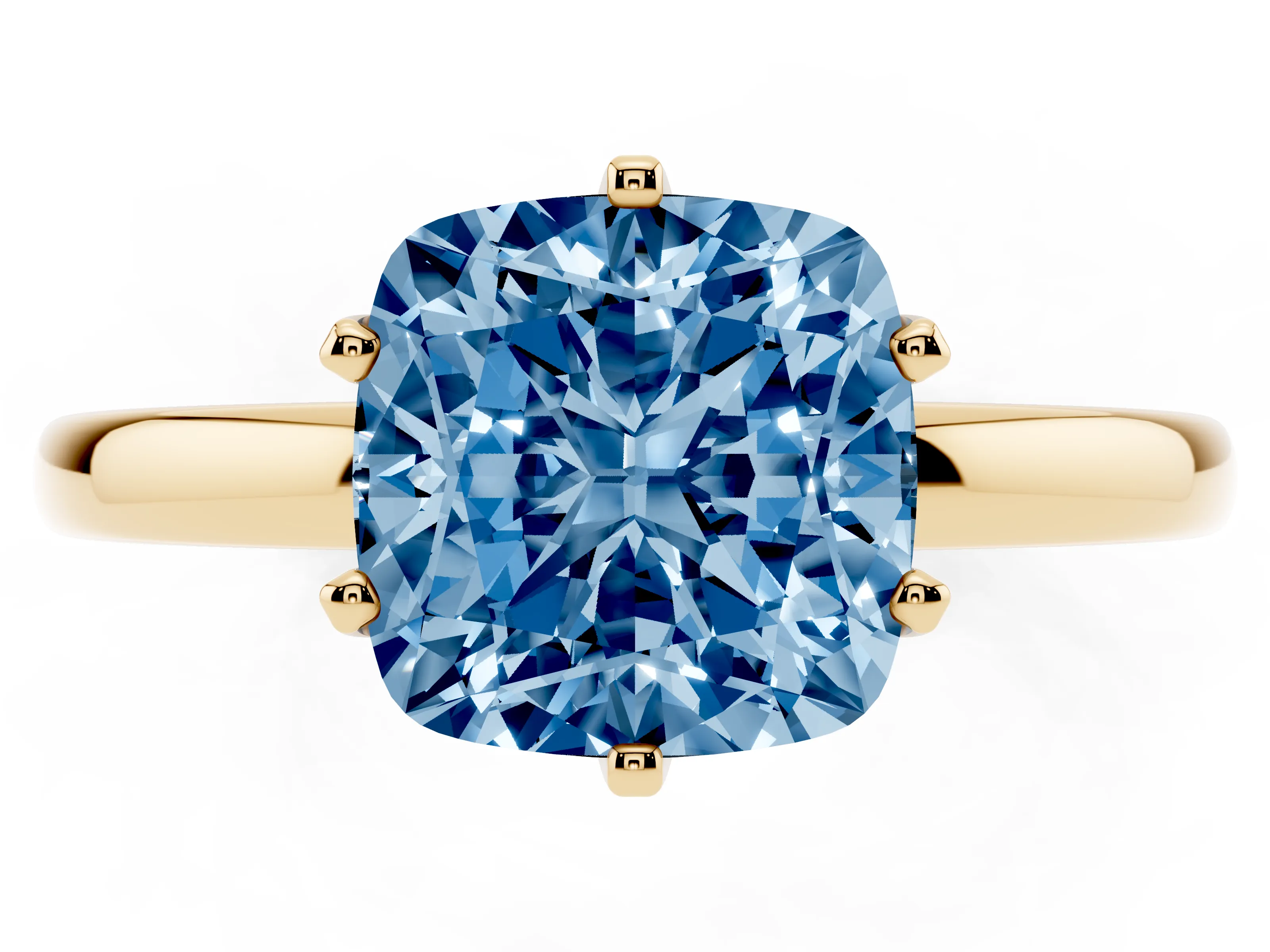 Fancy Blue Cushion Cut Diamond Solitaire Ring Set in Yellow gold with Raised Prong Setting on a Classic Band