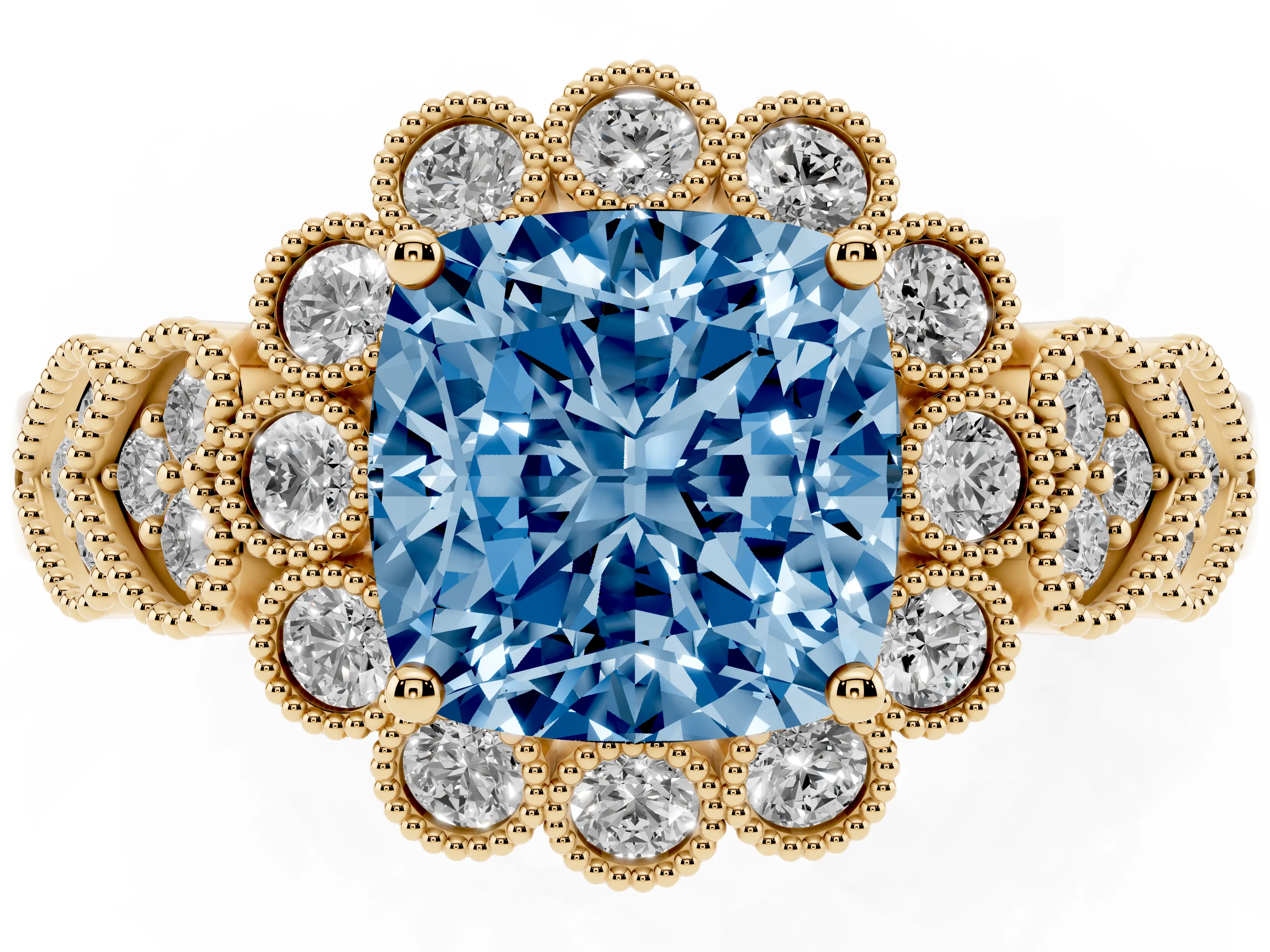 Fancy Blue Cushion Cut Diamond Solitaire Ring Set in Yellow gold with Milgrain Pavé Heart Band