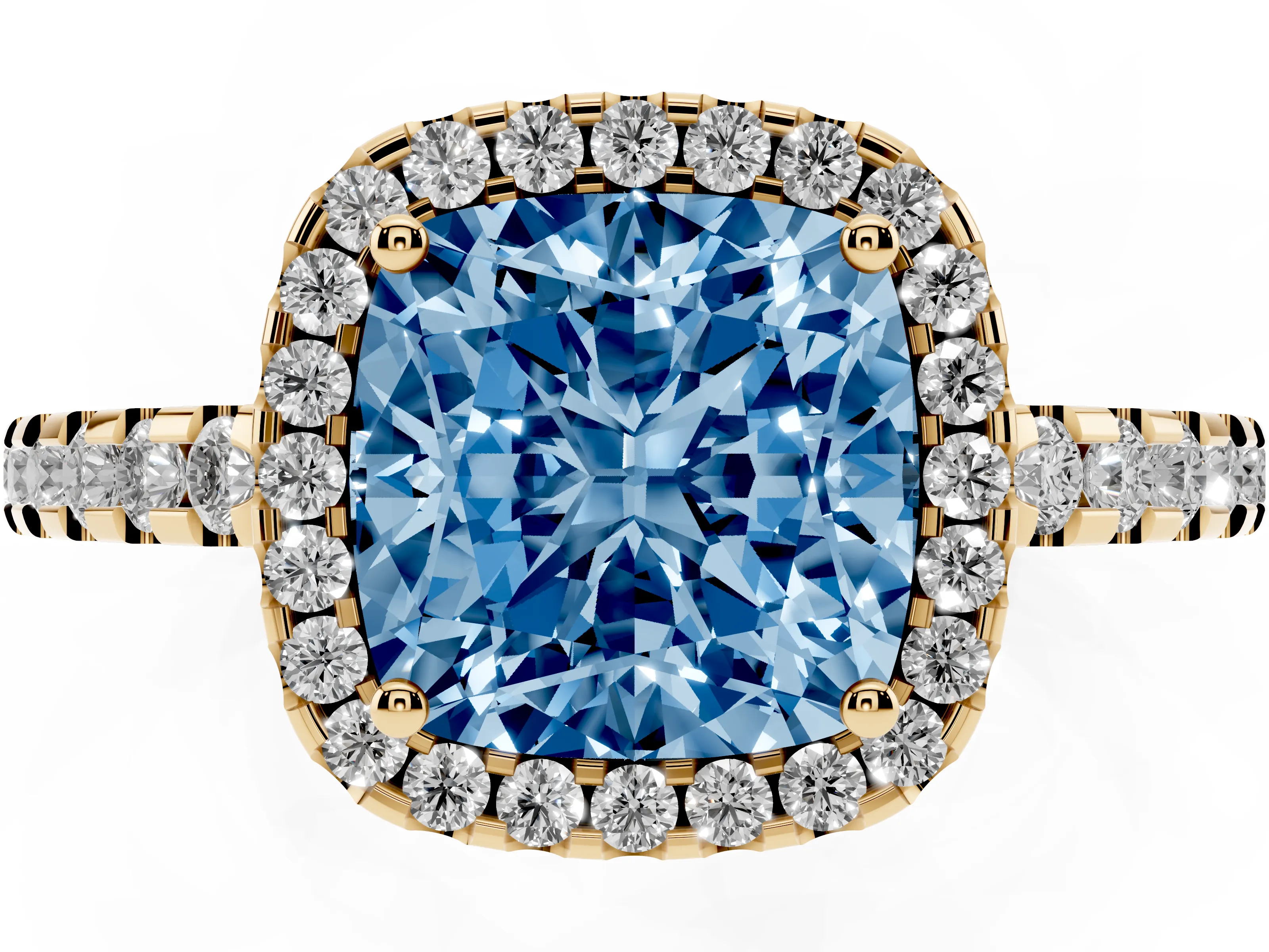 Fancy Blue Cushion Cut Diamond Halo Ring Set in Yellow gold with Pavé Shoulders and Halo-Framed Center