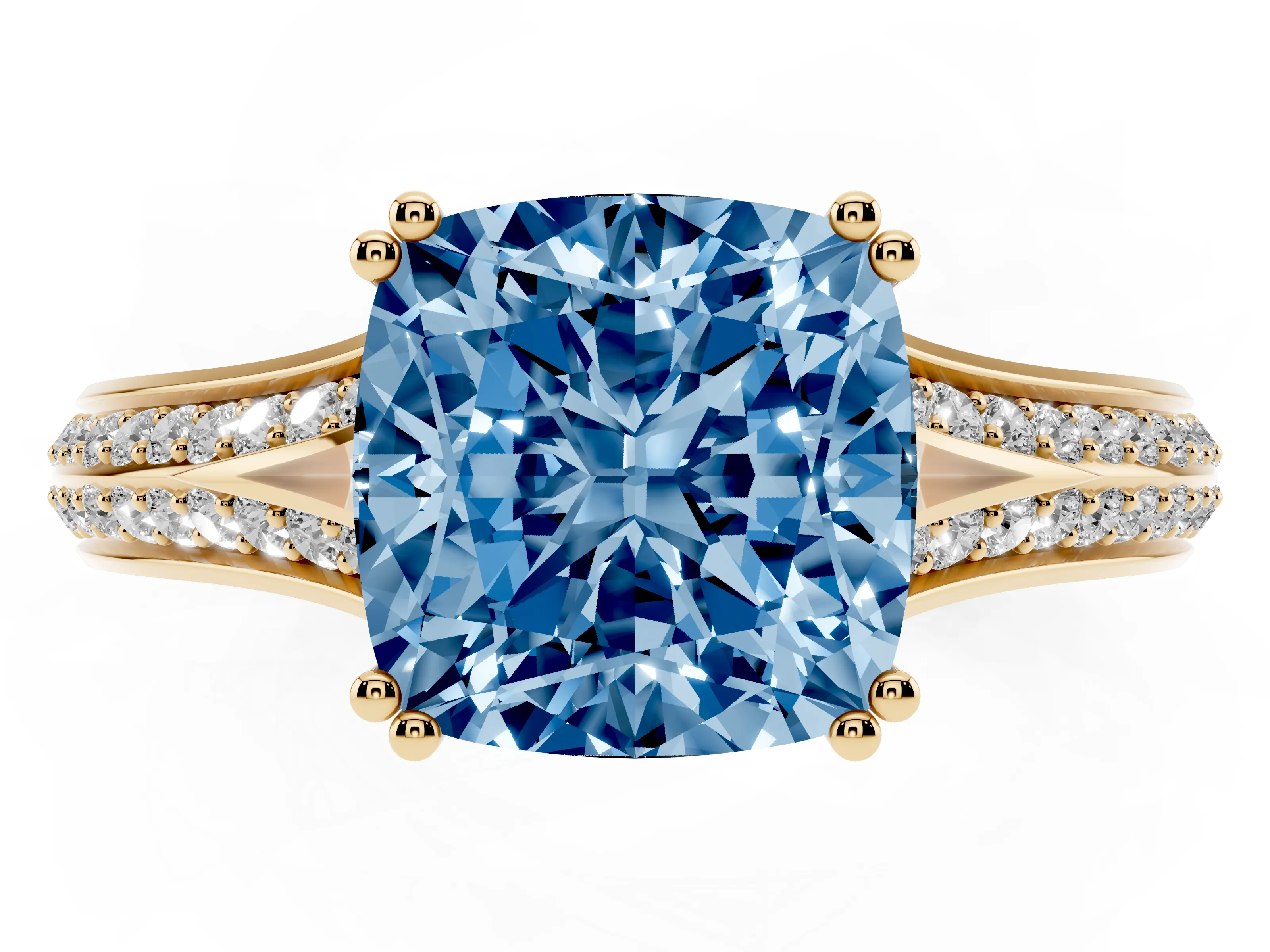 Fancy Blue Cushion Cut Diamond Split Shank Pavé Engagement Ring Set in Yellow gold with Prong-Set Center Stone