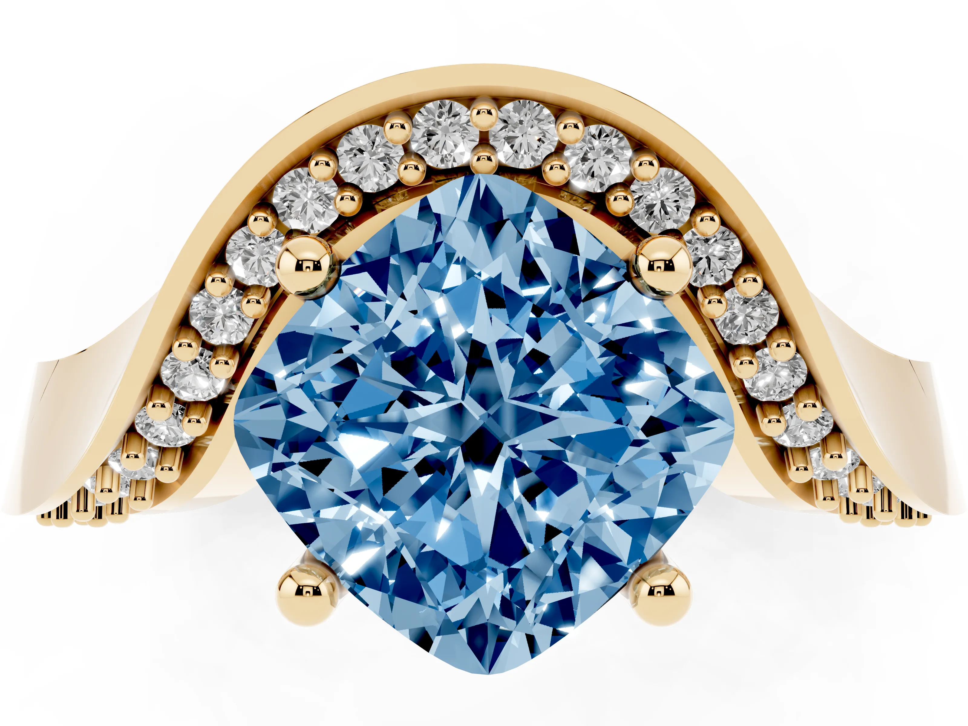 Fancy Blue Cushion Cut Diamond Solitaire Engagement Ring Set in Yellow gold with Pavé Shoulders