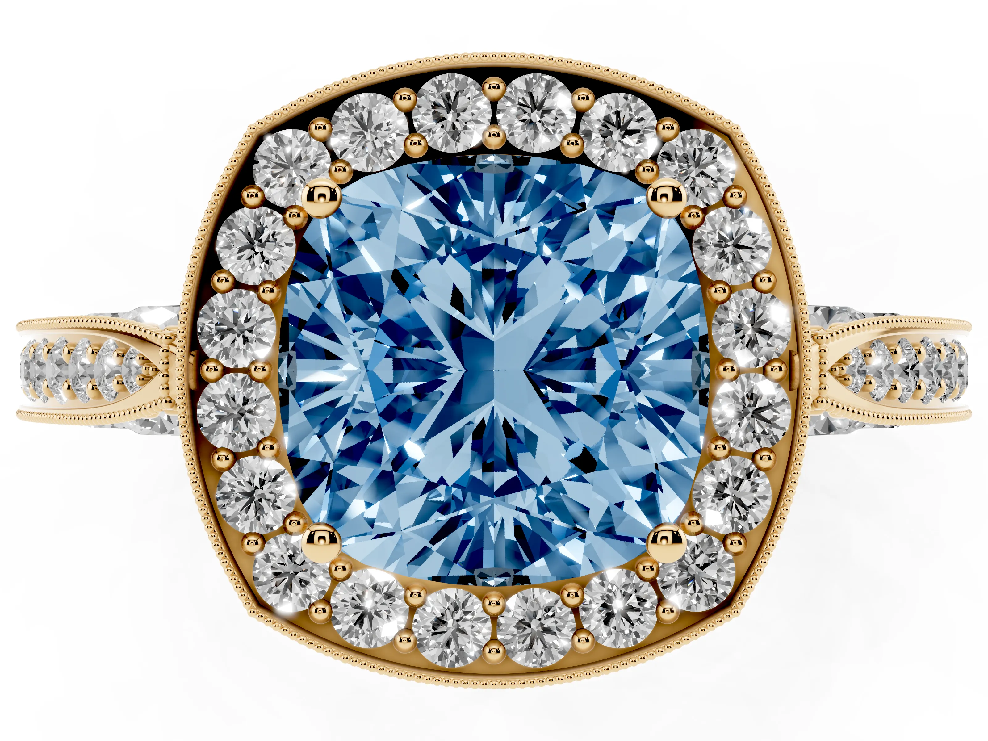 Fancy Blue Cushion Cut Diamond Halo Engagement Ring Set in Yellow gold with Accent Split Shank Band