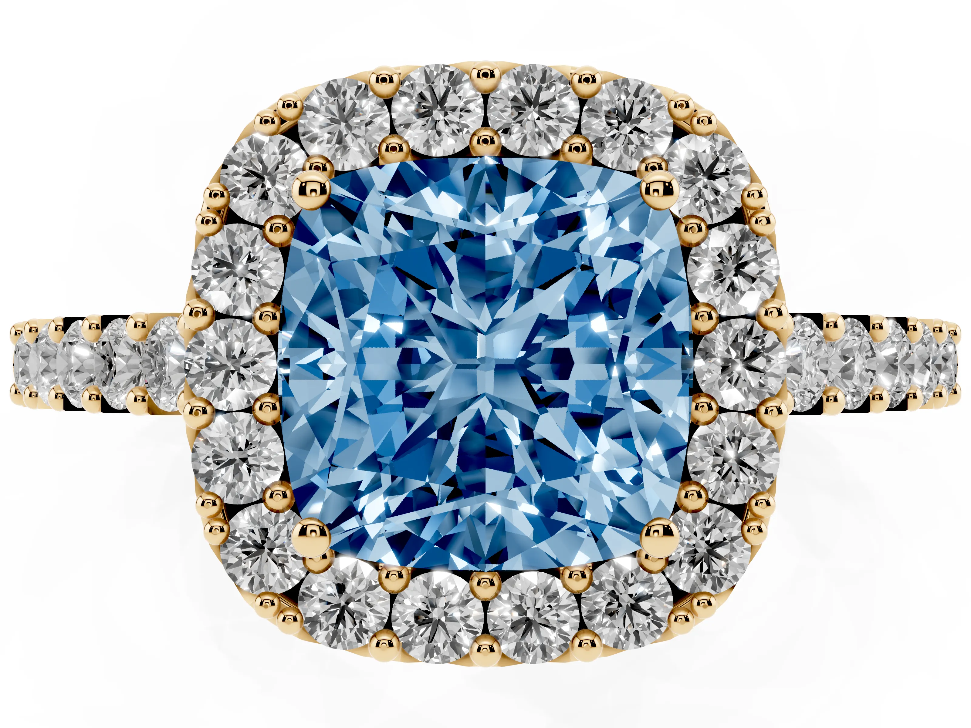 Fancy Blue Cushion Cut Diamond Halo Pavé Solitaire Ring Set in Yellow gold with Prong-Set Center Stone