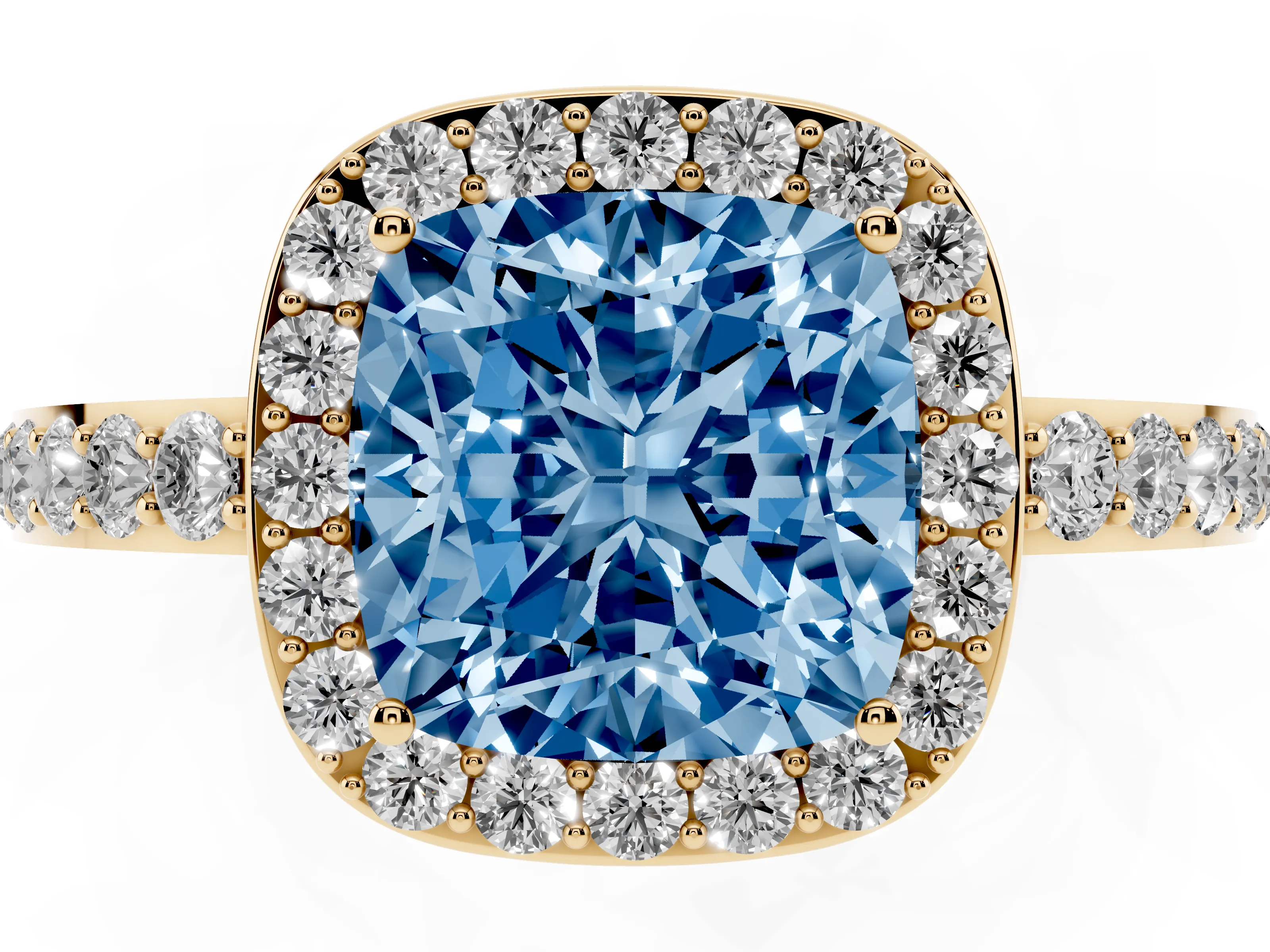 Fancy Blue Cushion Cut Diamond Halo Ring Set in Yellow gold with Pavé-Setting Band and Open Prong Center