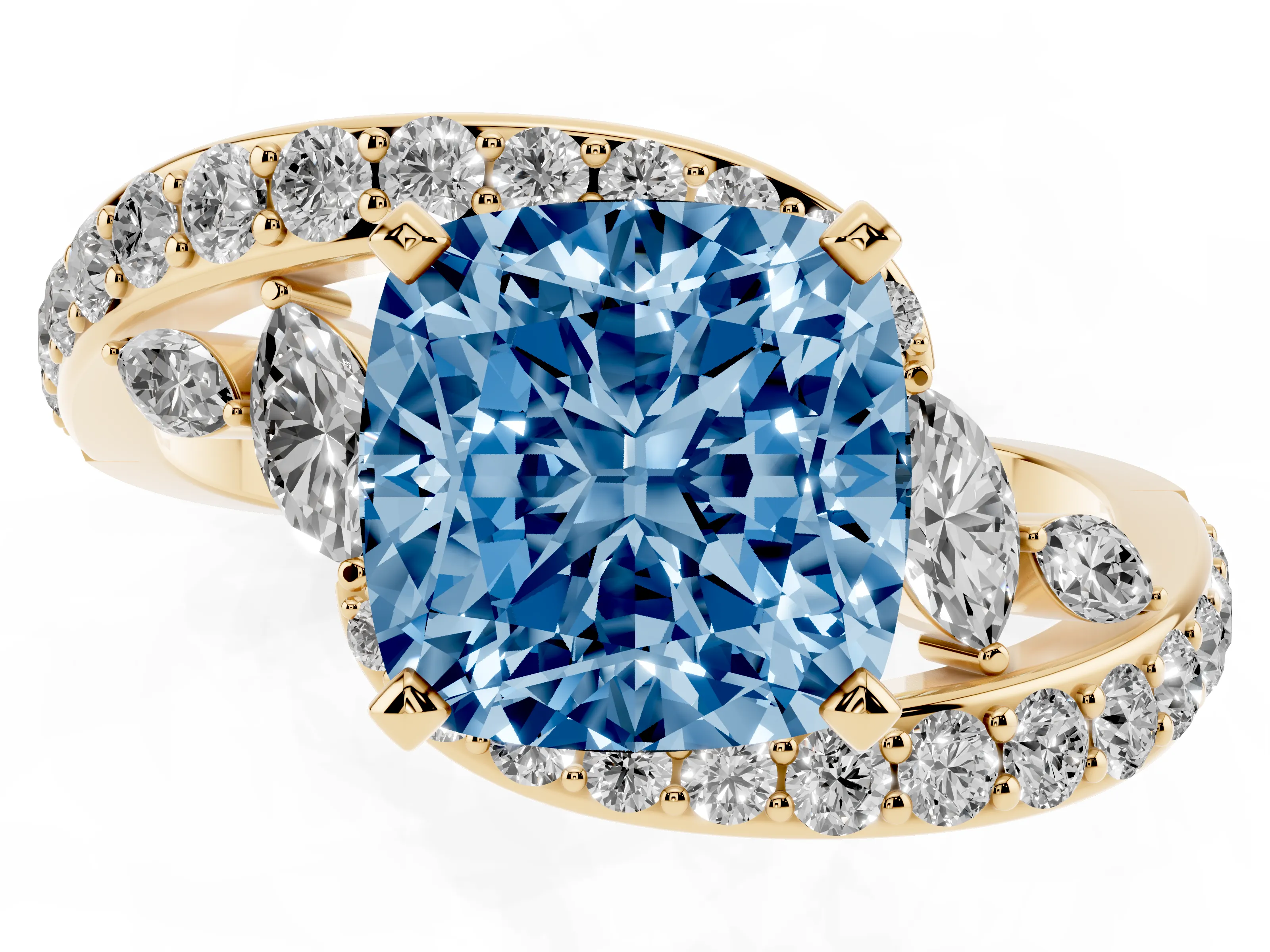 Fancy Blue Cushion Cut Diamond Solitaire Ring Set in Yellow gold with Filigree Band and Prong Setting
