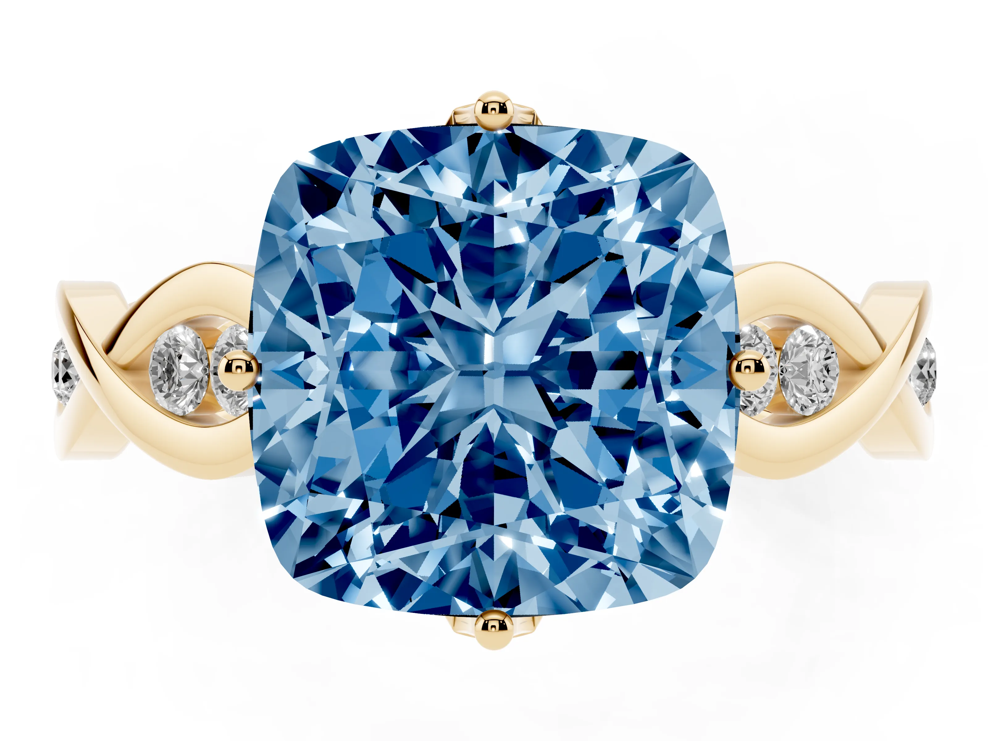 Fancy Blue Cushion Cut Diamond Twist Band Solitaire Ring Set in Yellow gold with Leaf Prong Setting and Accent Stones