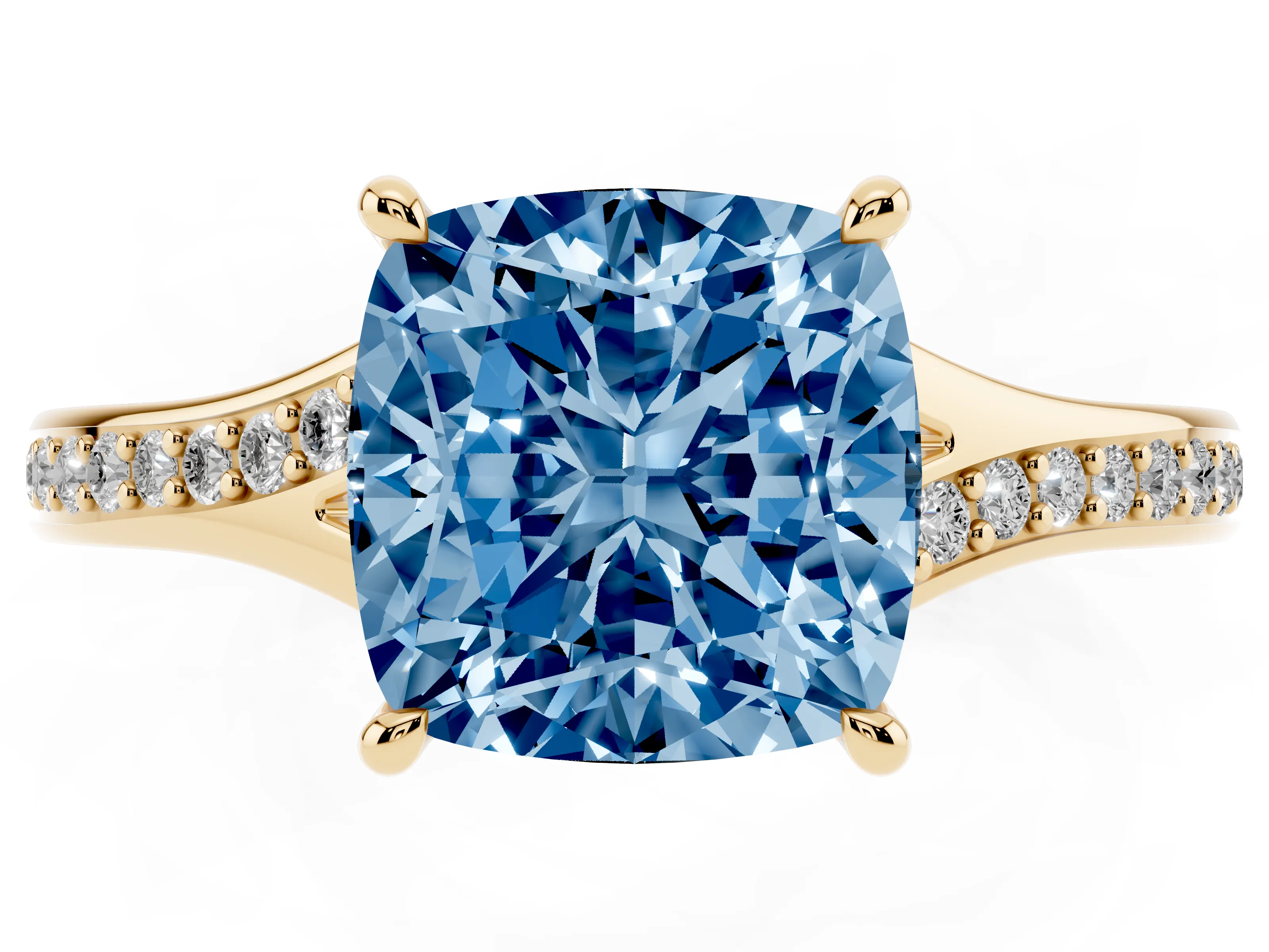 Fancy Blue Cushion Cut Diamond Solitaire Ring Set in Yellow gold with Pavé Accent Band and Classic Prong Setting