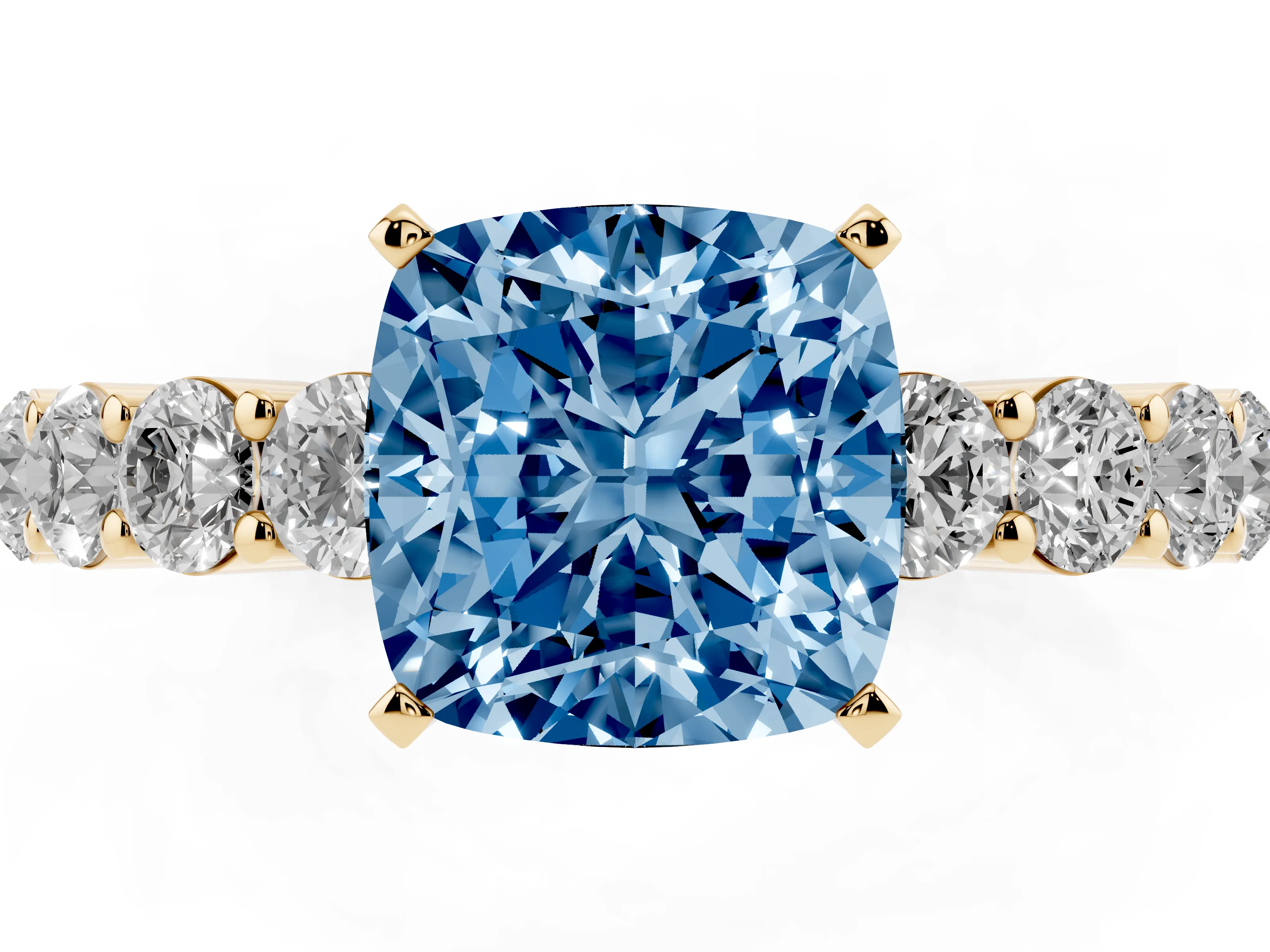 Fancy Blue Cushion Cut Diamond Solitaire Ring Set in Yellow gold with Shared Prong Round Side Stones