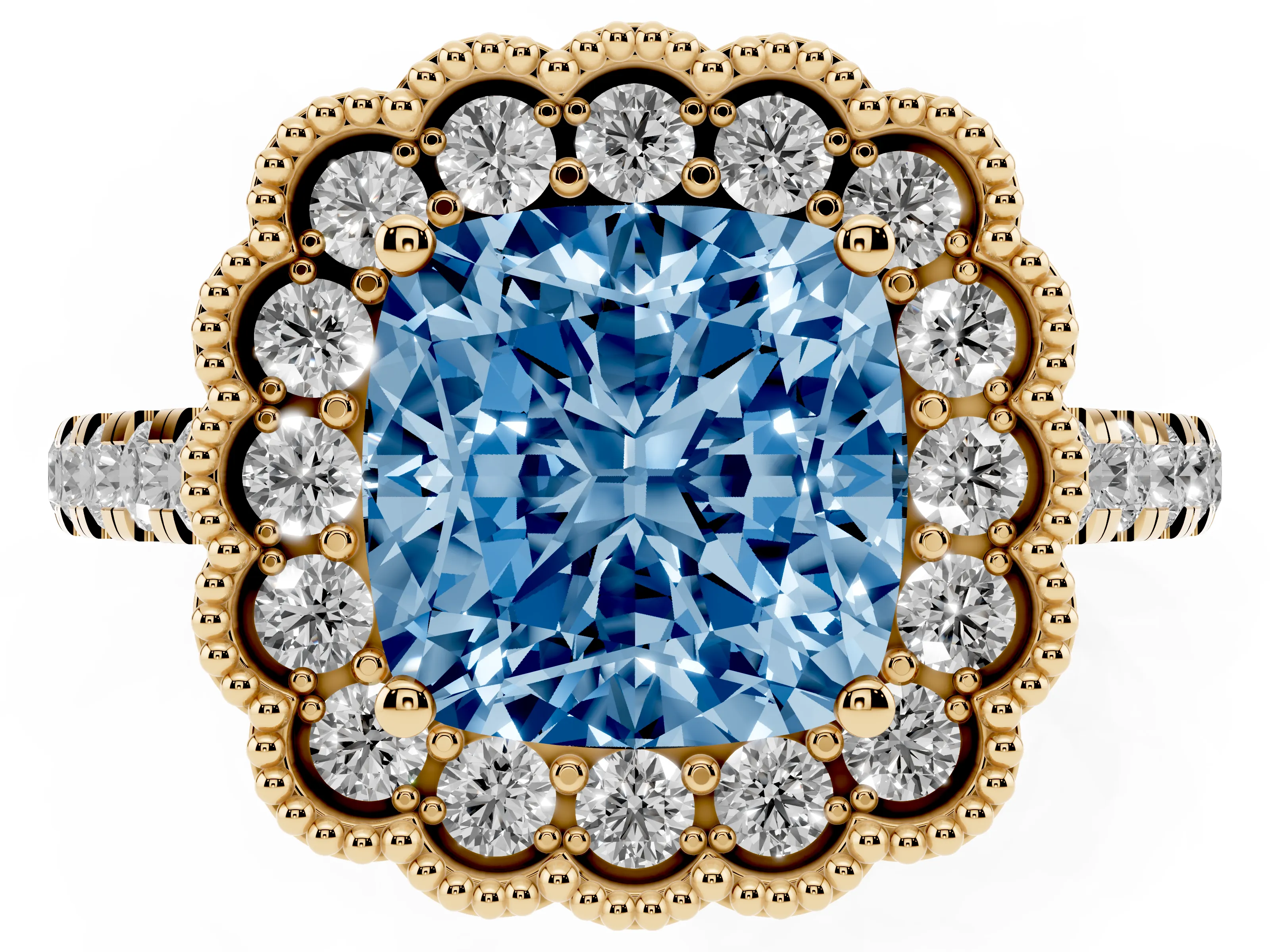 Fancy Blue Cushion Cut Diamond Milgrain Floral Halo Engagement Ring Set in Yellow gold with Pavé Band