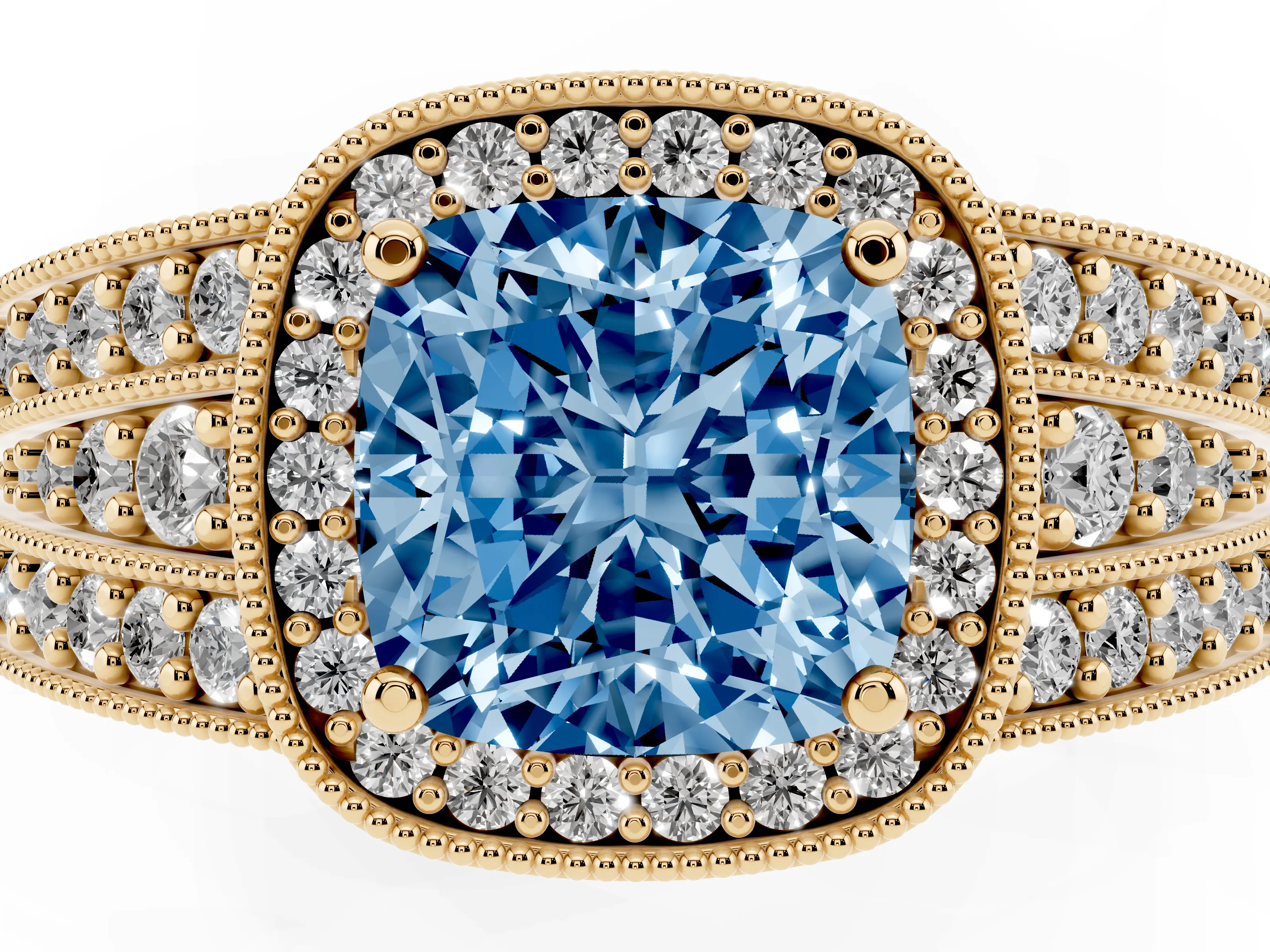 Fancy Blue Cushion Cut Diamond Halo Ring Set in Yellow gold with Accent Split Shank and Prong Setting