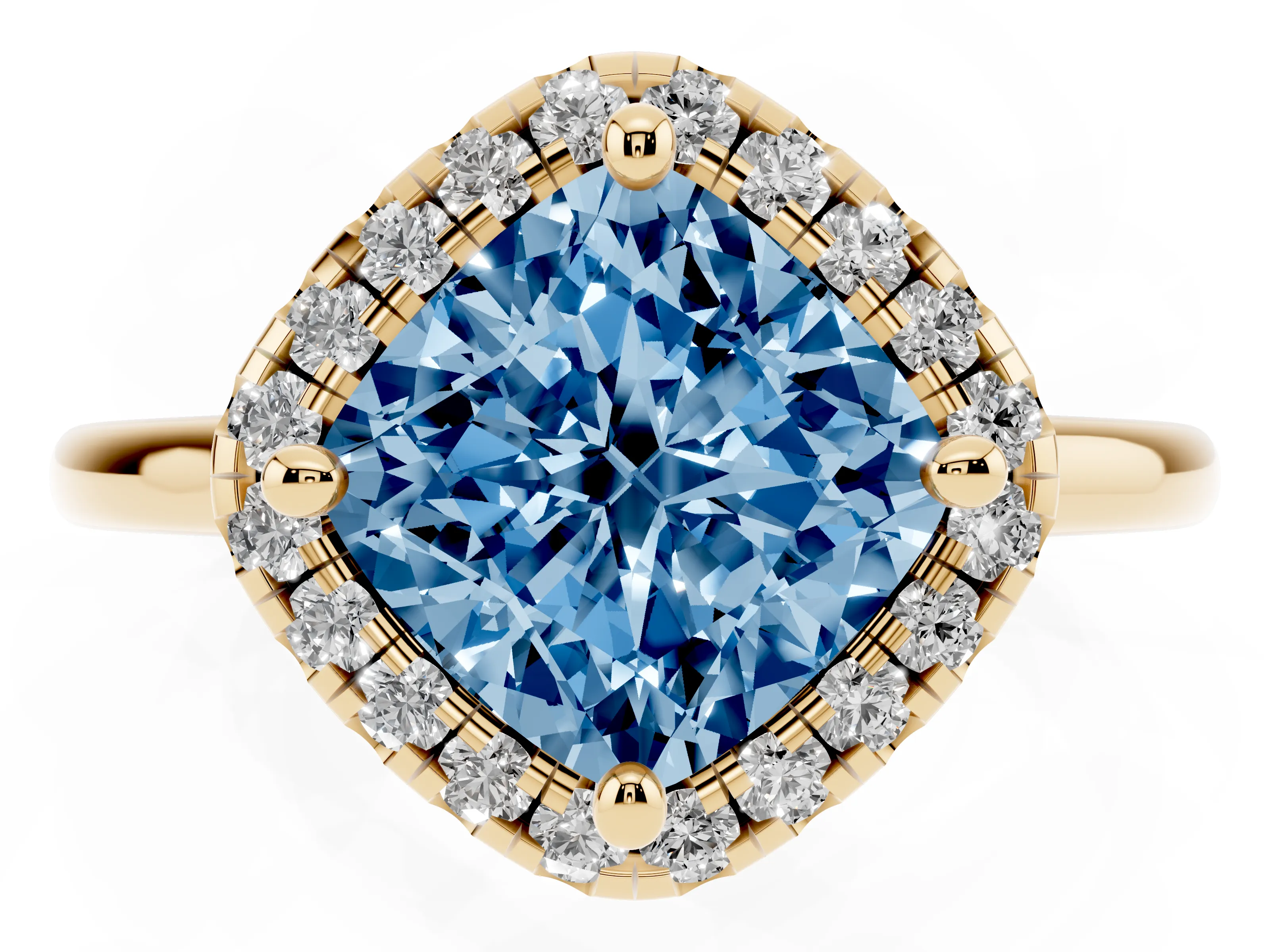 Fancy Blue Cushion Cut Diamond Halo Engagement Ring Set in Yellow gold with Pavé Band and Rising Shoulders
