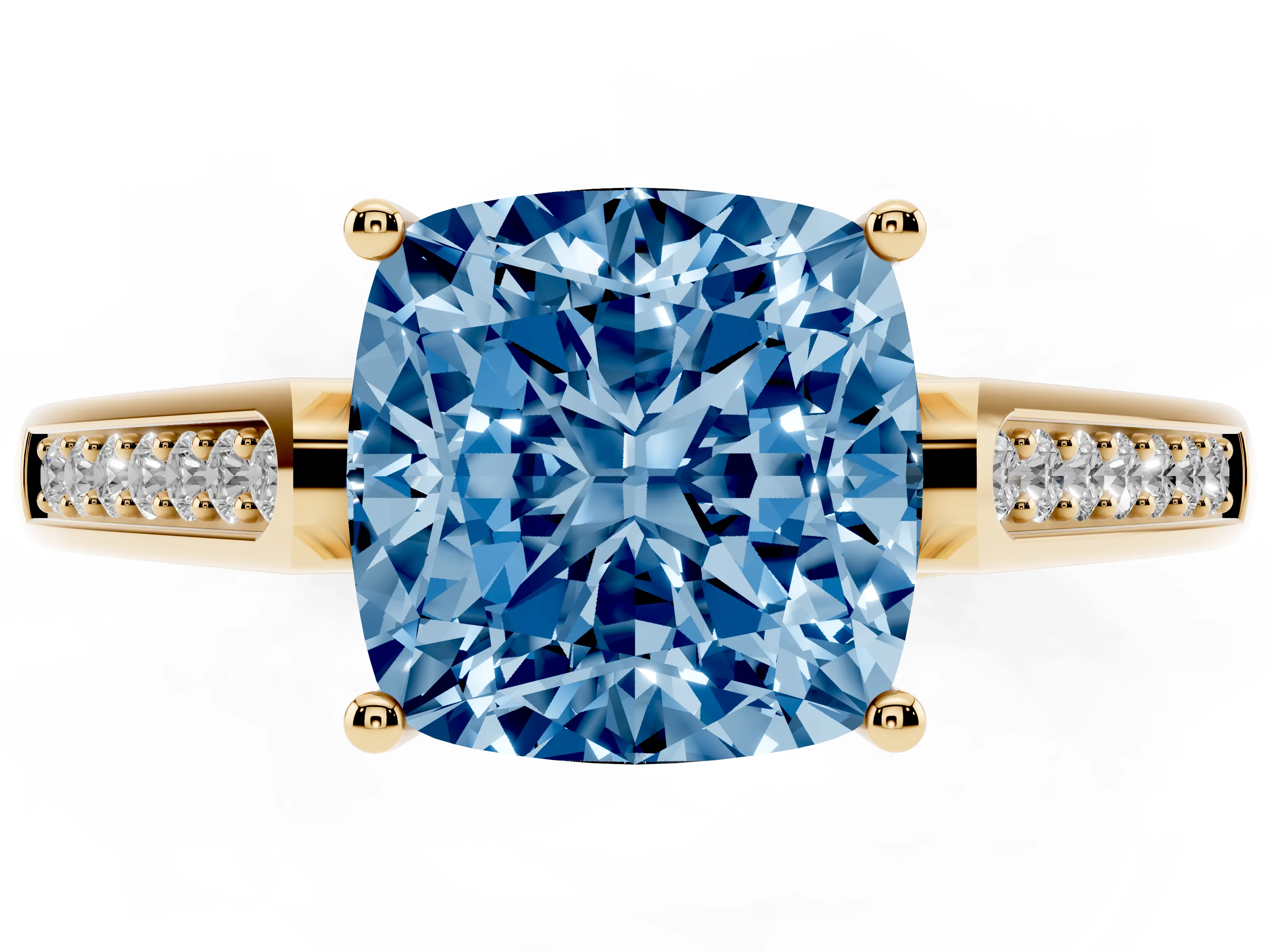 Fancy Blue Cushion Cut Diamond Solitaire Cathedral Engagement Ring Set in Yellow gold with Channel-Set Band and Prong Setting