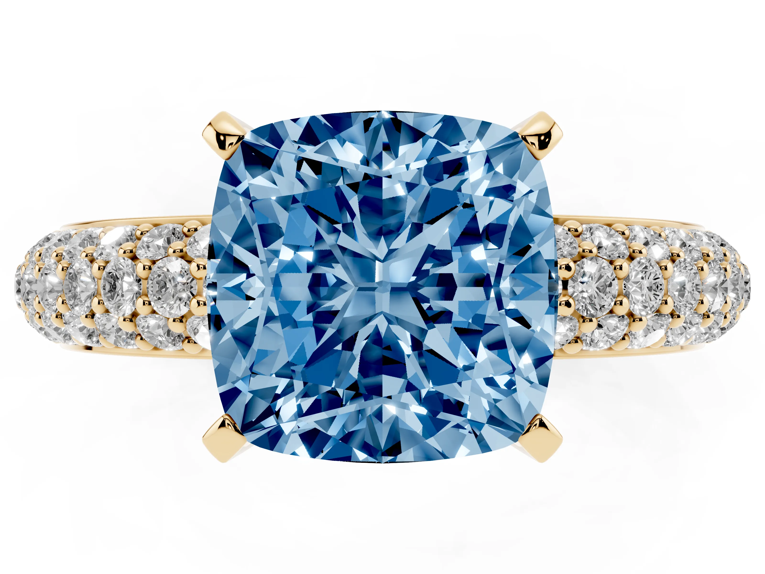 Fancy Blue Cushion Cut Diamond Solitaire Ring Set in Yellow gold with Prong Setting and Pavé-Set Band