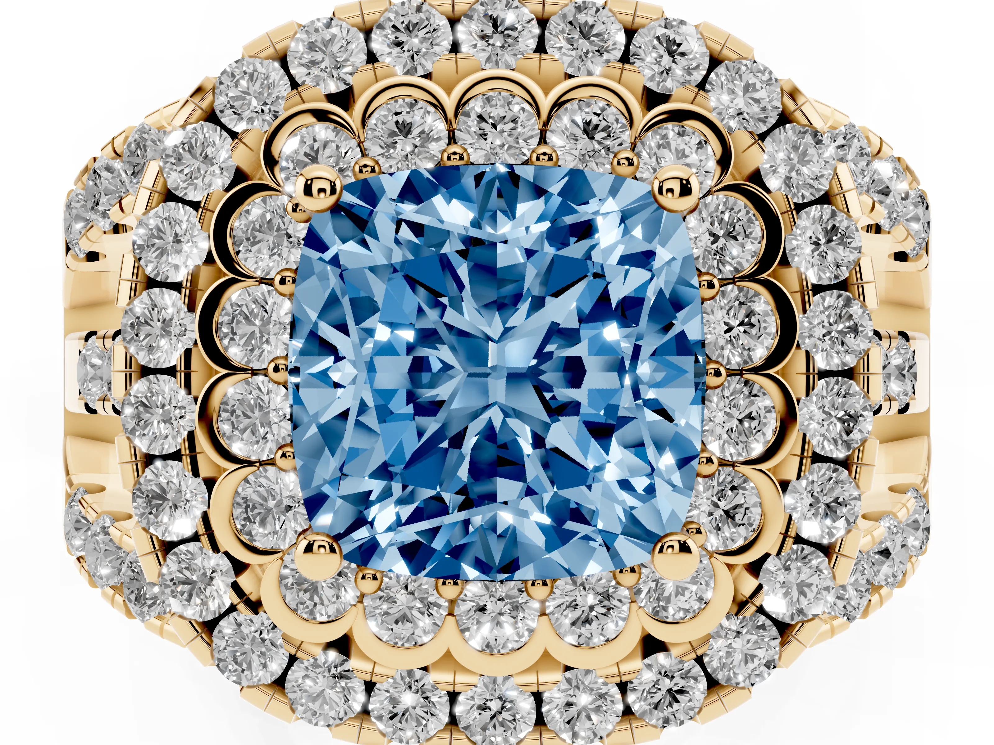 Fancy Blue Cushion Cut Diamond Double Halo Ring Set in Yellow gold with Round Pavé Split Shank