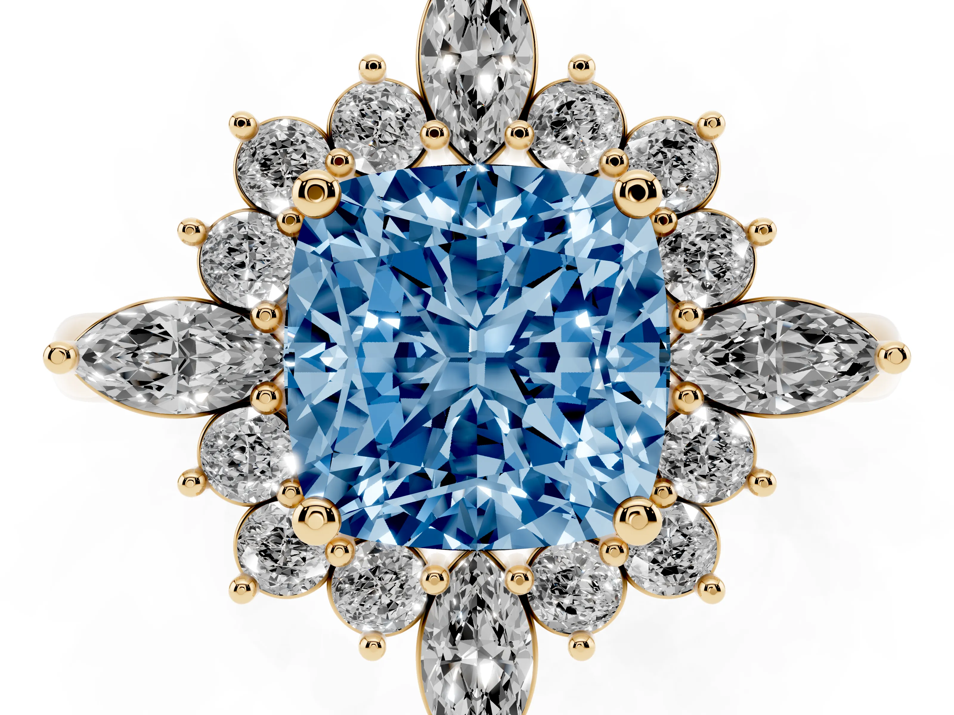 Fancy Blue Cushion Cut Diamond Cluster Halo Ring Set in Yellow gold with Marquise and Round Accents