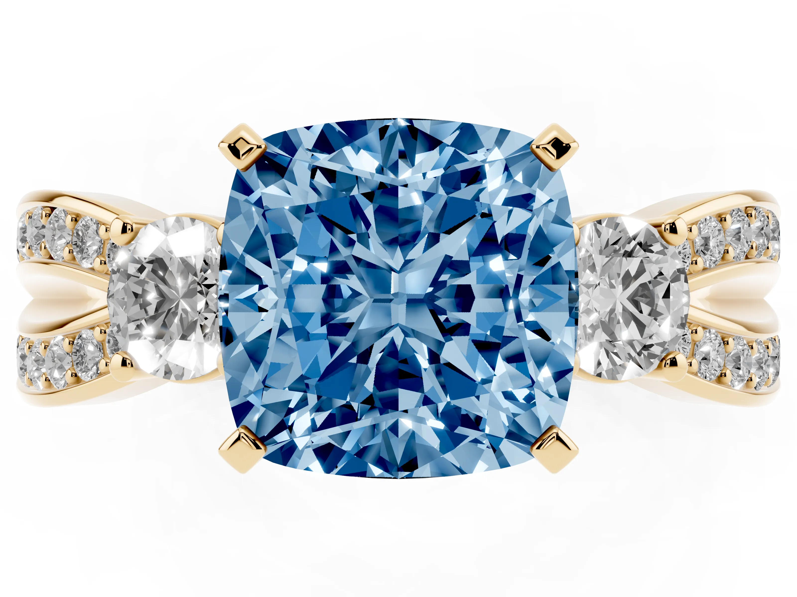 Fancy Blue Three-Stone Cushion Cut Diamond Twist Band Ring Set in Yellow gold with Pavé Accents and Prong Setting