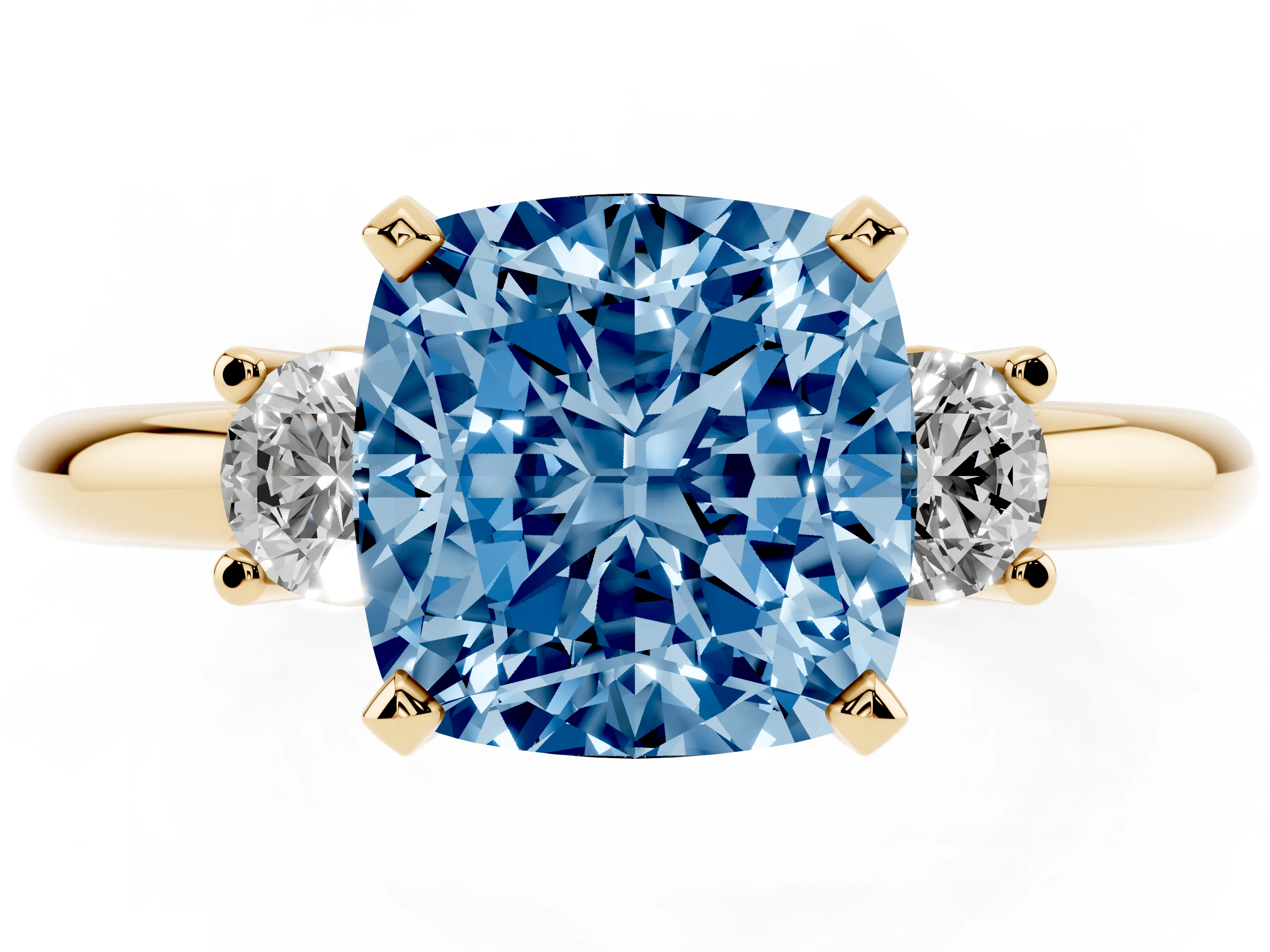 Fancy Blue Three-Stone Cushion Cut Diamond Ring Set in Yellow gold with Prong Setting and Plain Band