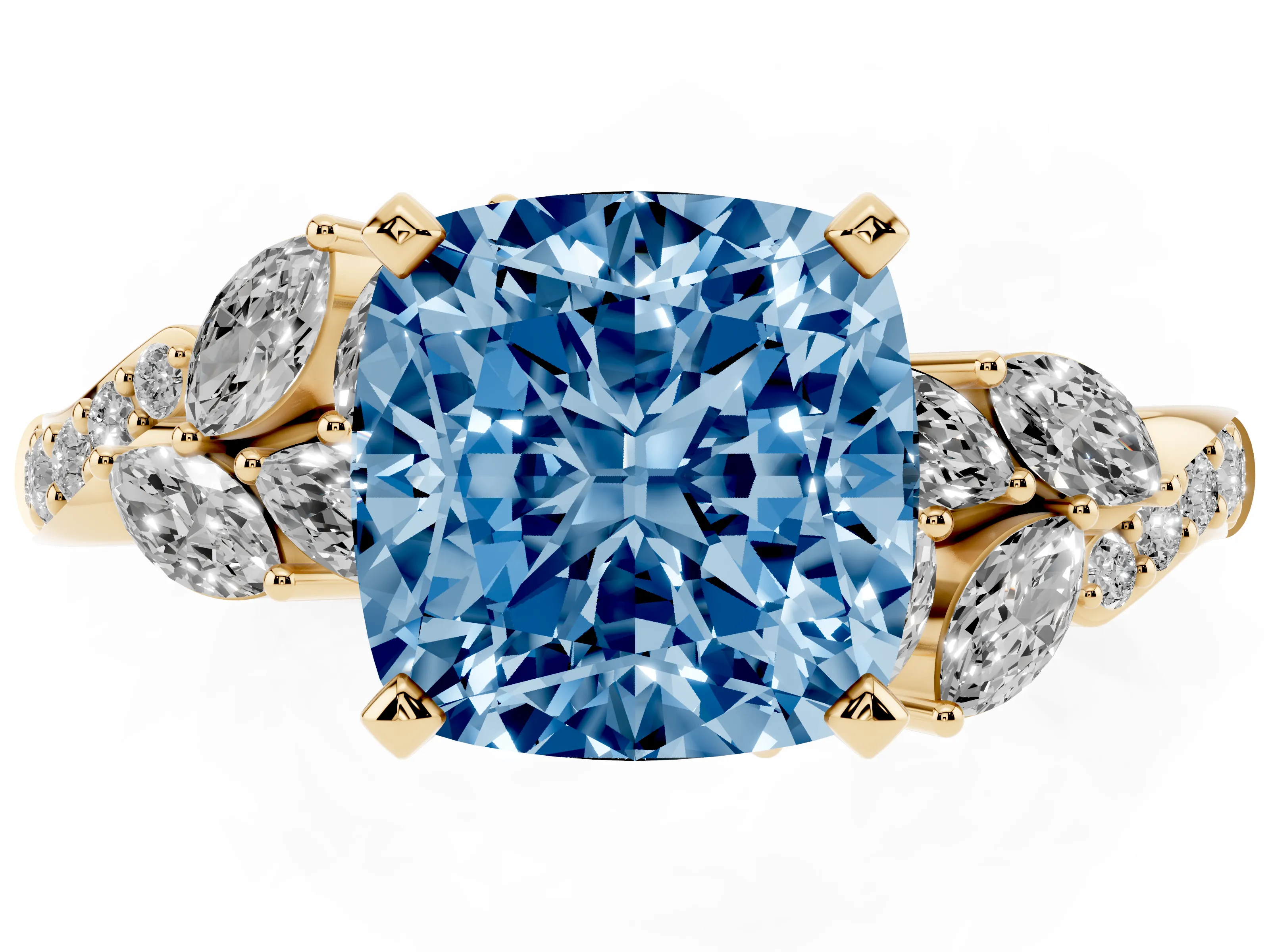 Fancy Blue Cushion Cut Diamond Solitaire Ring Set in Yellow gold with Marquise Twist Band and Prong Setting