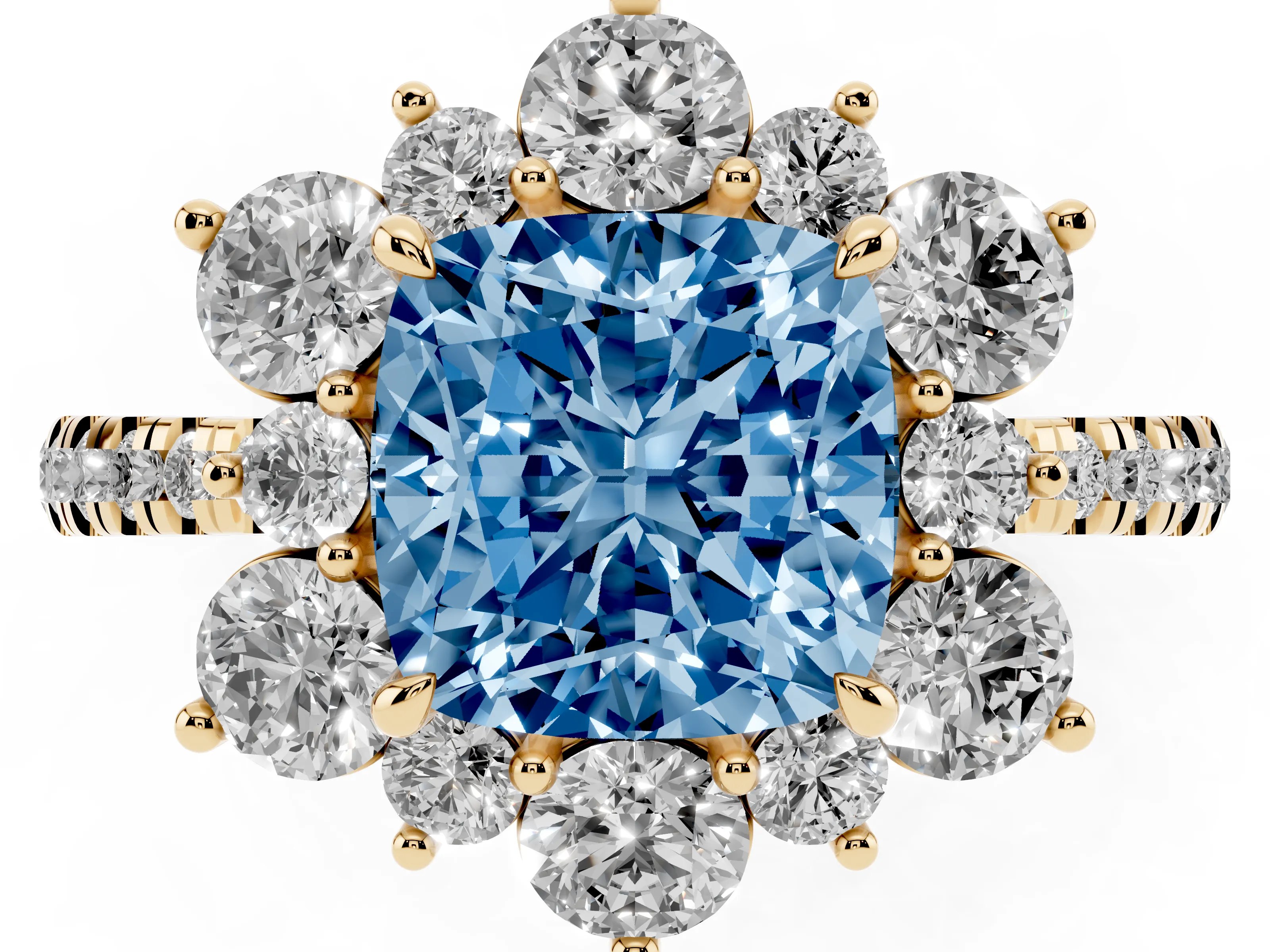 Fancy Blue Cushion Cut Diamond Floral Halo Ring Set in Yellow gold with Round Pavé Band and Prong Setting
