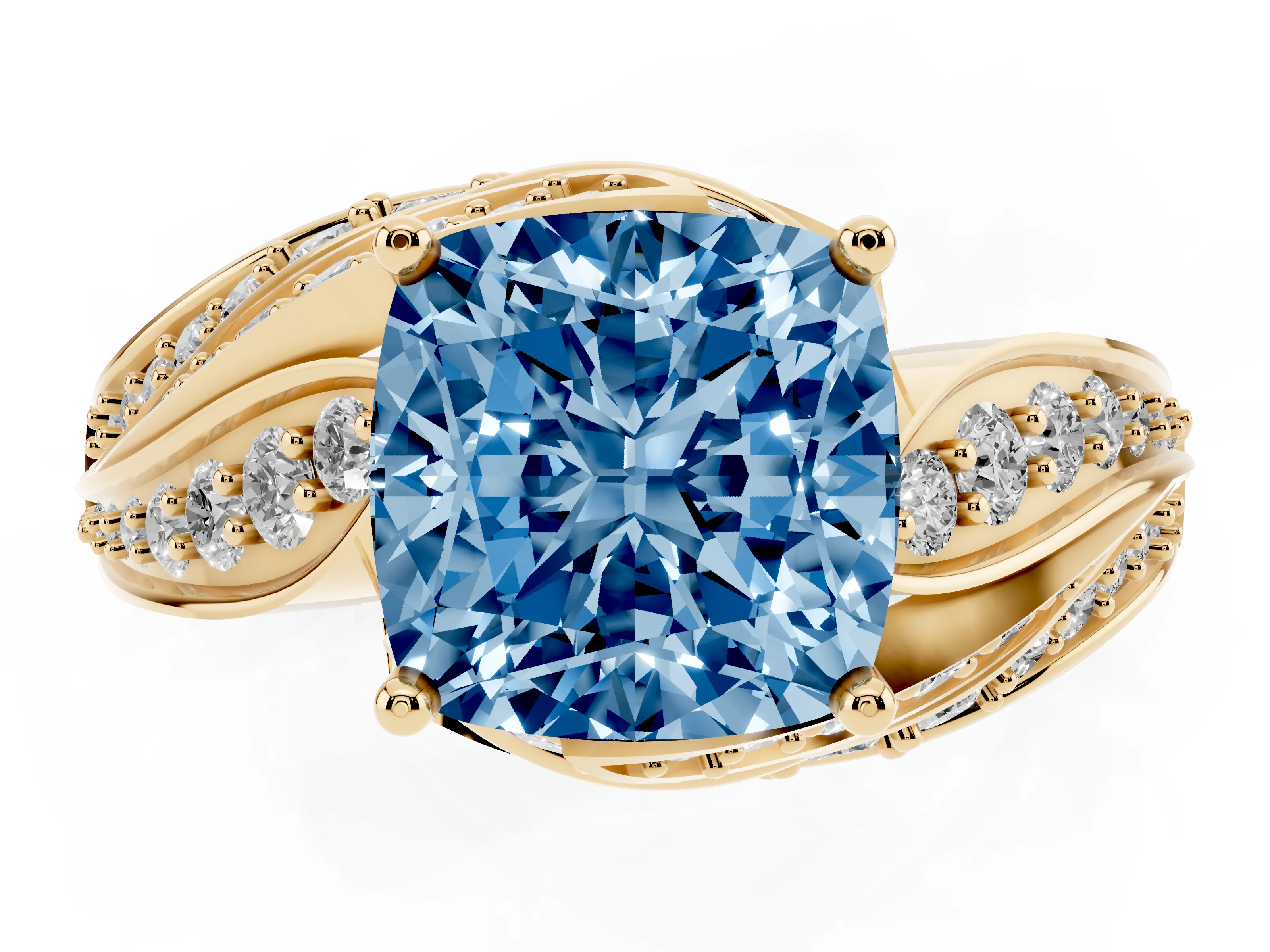 Fancy Blue Cushion Cut Diamond Solitaire Ring Set in Yellow gold with Layered Twist Pavé Band