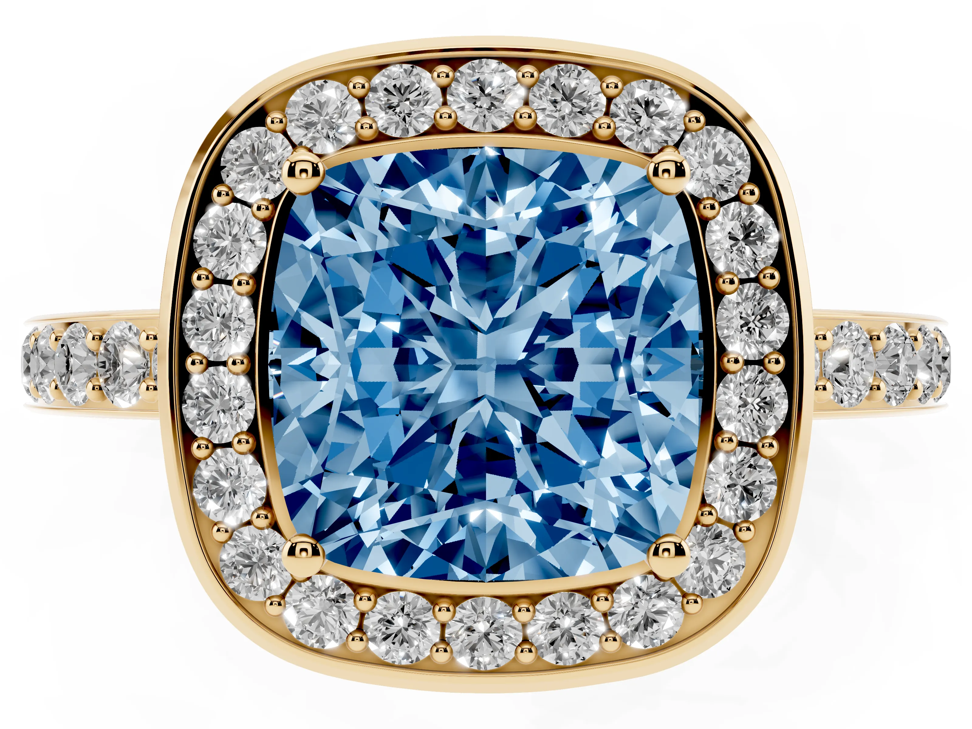 Fancy Blue Cushion Cut Diamond Halo Ring Set in Yellow gold with Bezel Frame and Pavé Band