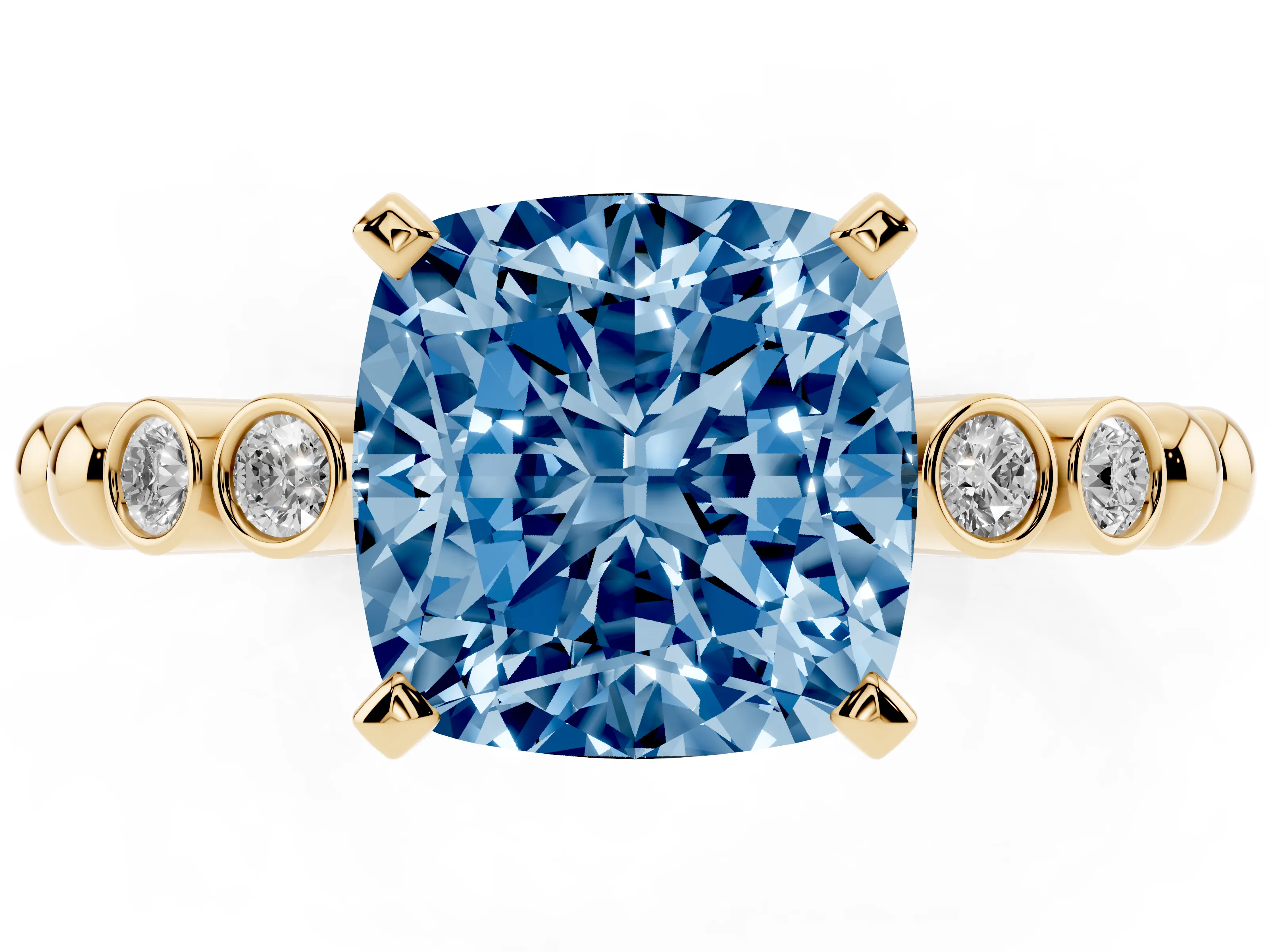 Fancy Blue Cushion Cut Diamond Solitaire Engagement Ring Set in Yellow gold with Bezel Accents on Beaded Band