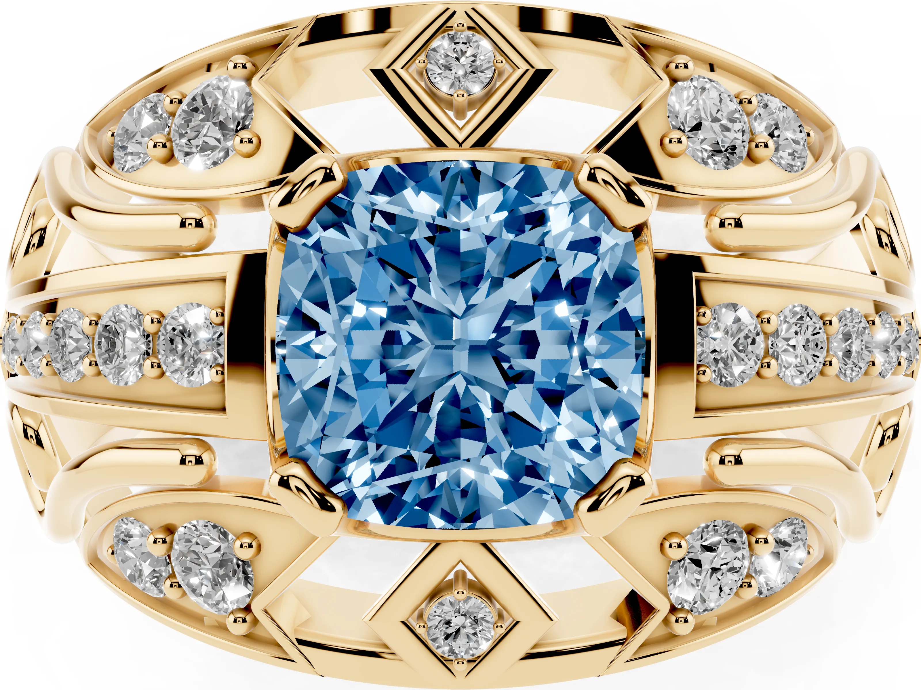 Fancy Blue Cushion Cut Diamond Art Deco Ring Set in Yellow gold with Pavé Split Shank