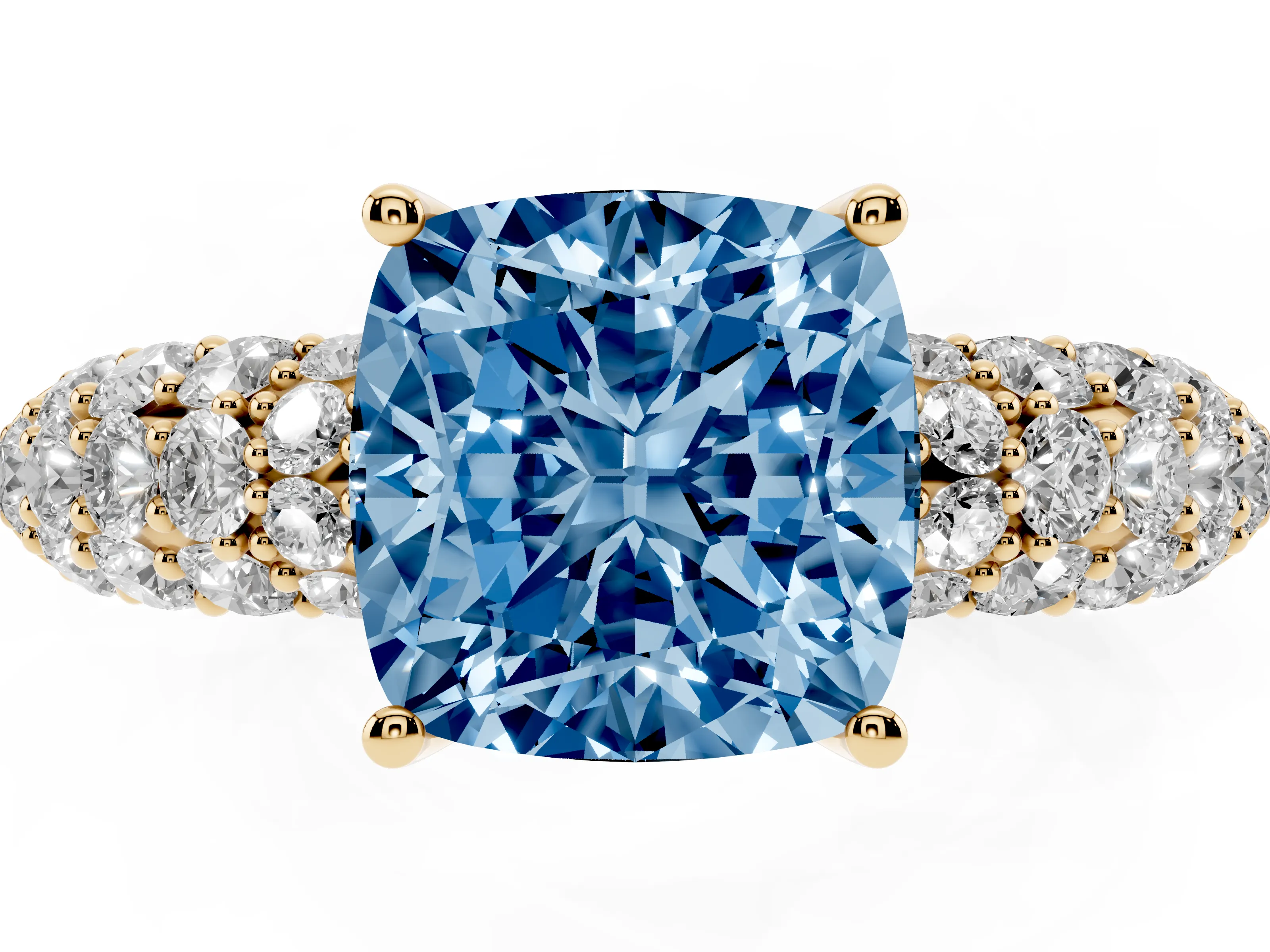 Fancy Blue Cushion Cut Diamond Pavé Band Solitaire Ring Set in Yellow gold with Close-Set Accent Stones and Prong Setting