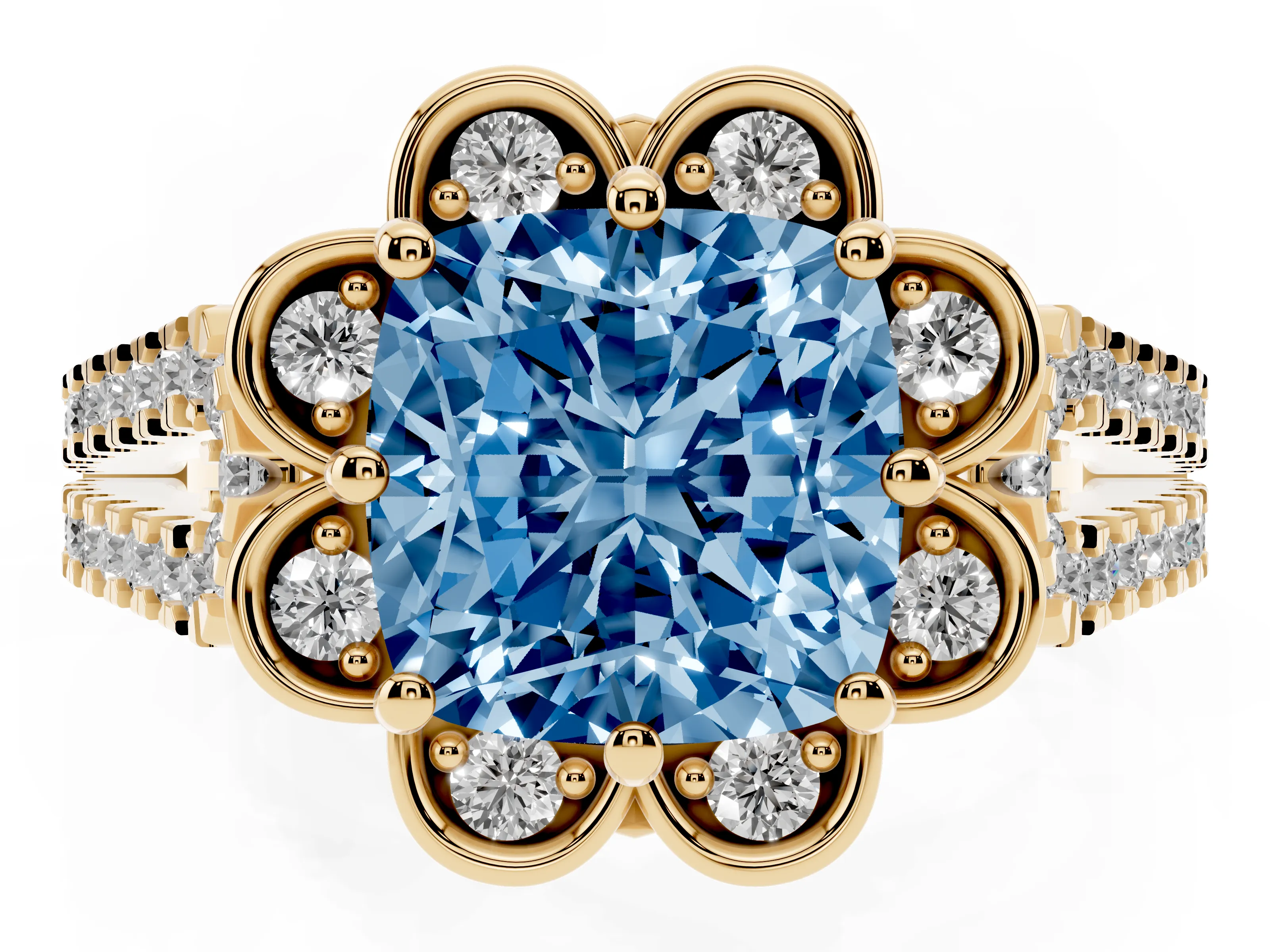 Fancy Blue Cushion Cut Diamond Floral Halo Split Shank Engagement Ring Set in Yellow gold with Pavé Shank