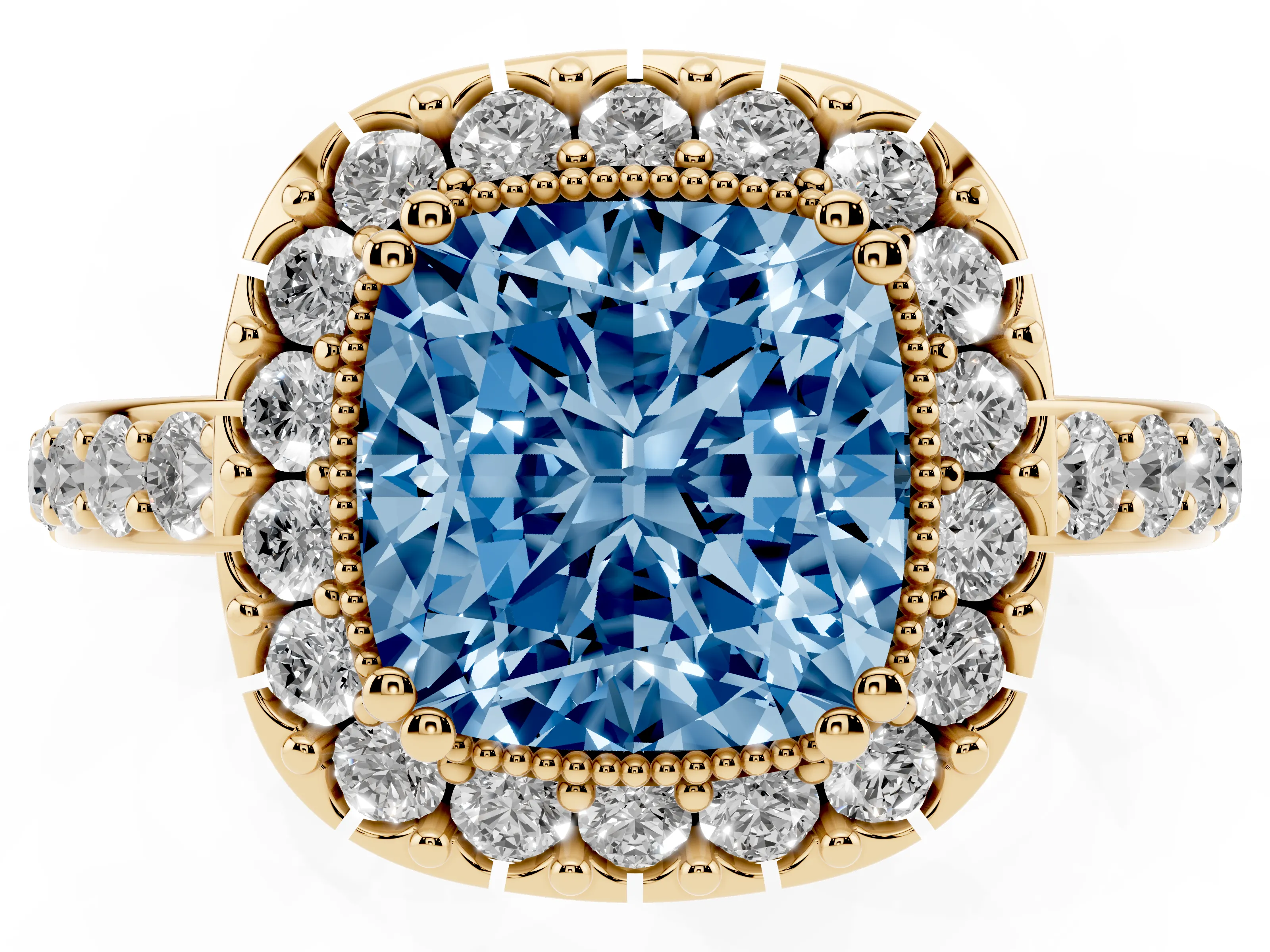 Fancy Blue Cushion Cut Diamond Halo Ring Set in Yellow gold with Pavé Shank and Prong Setting