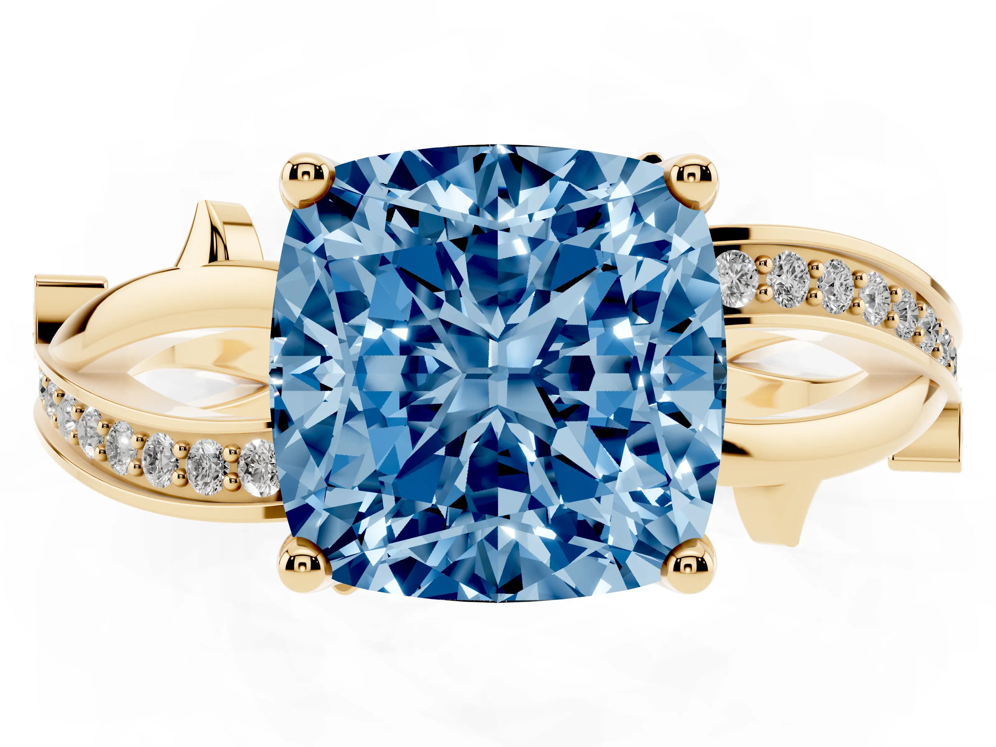 Fancy Blue Cushion Cut Diamond Pavé Twist Band Solitaire Ring Set in Yellow gold with Prong Setting