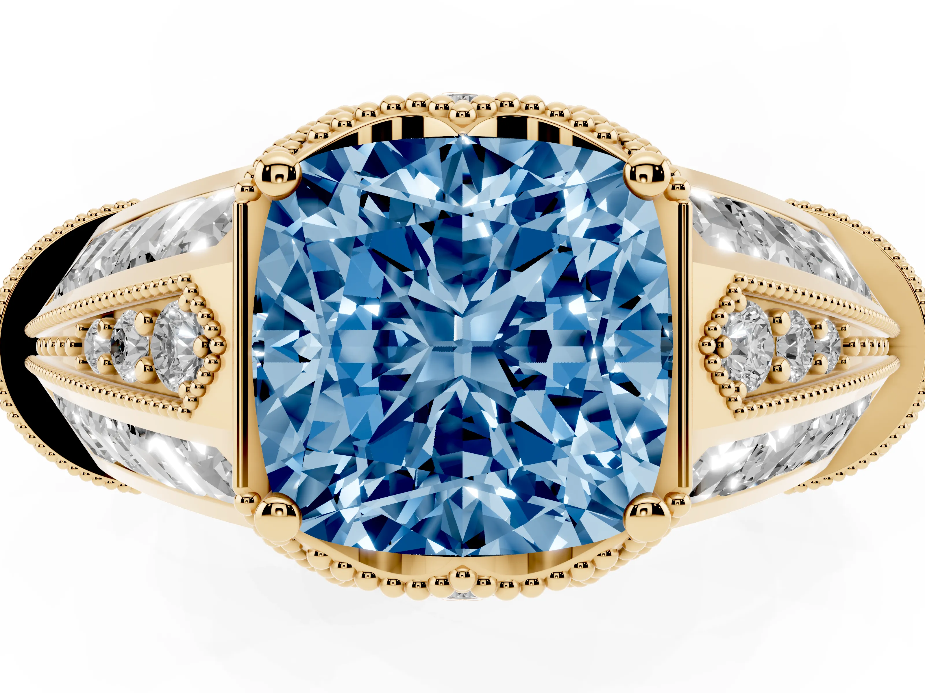 Fancy Blue Cushion Cut Diamond Vintage-Inspired Milgrain Ring Set in Yellow gold with Accent Split Shank