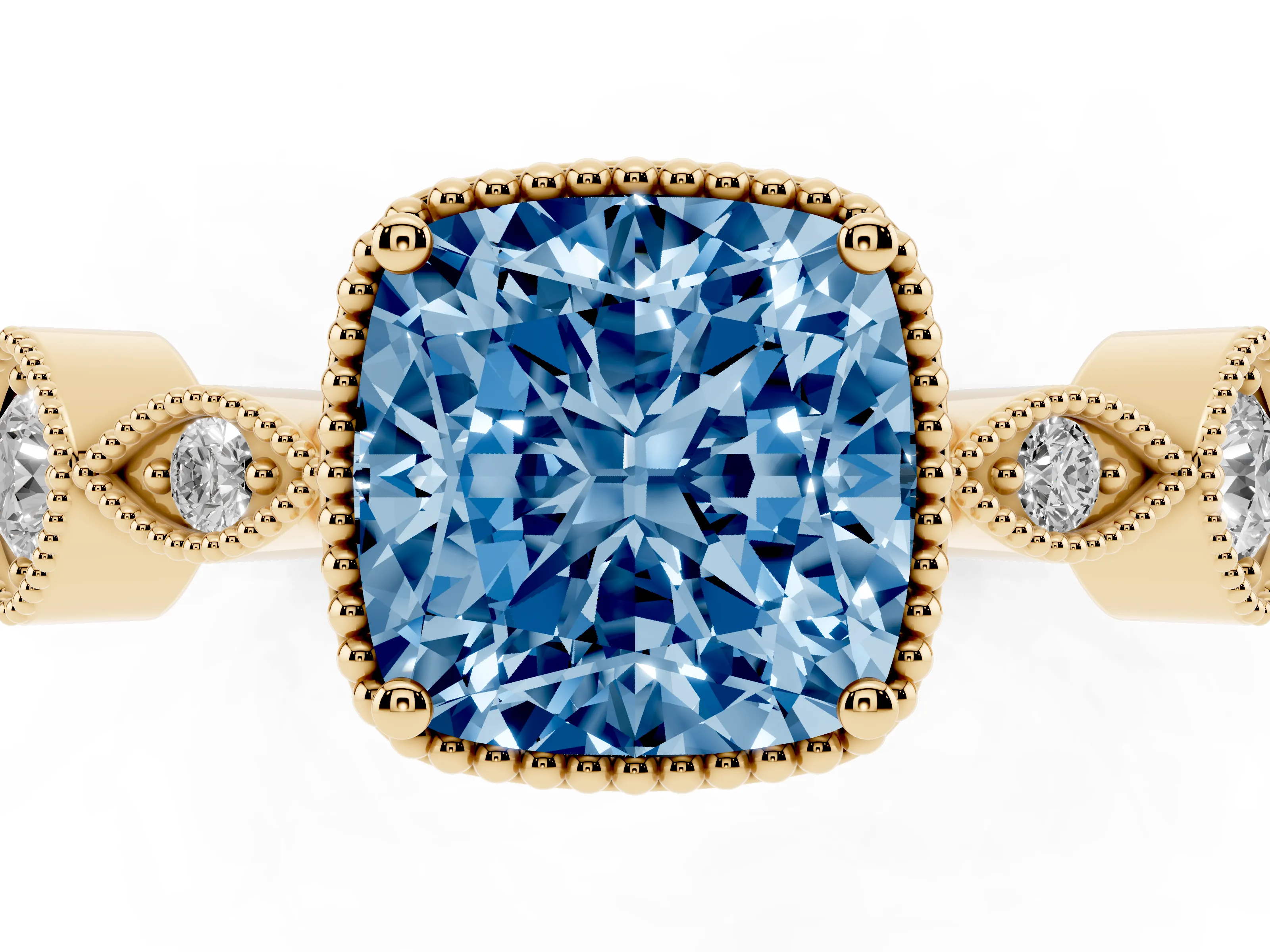 Fancy Blue Cushion Cut Diamond Vintage-Inspired Milgrain Ring Set in Yellow gold with Marquise Stations of Round Accents