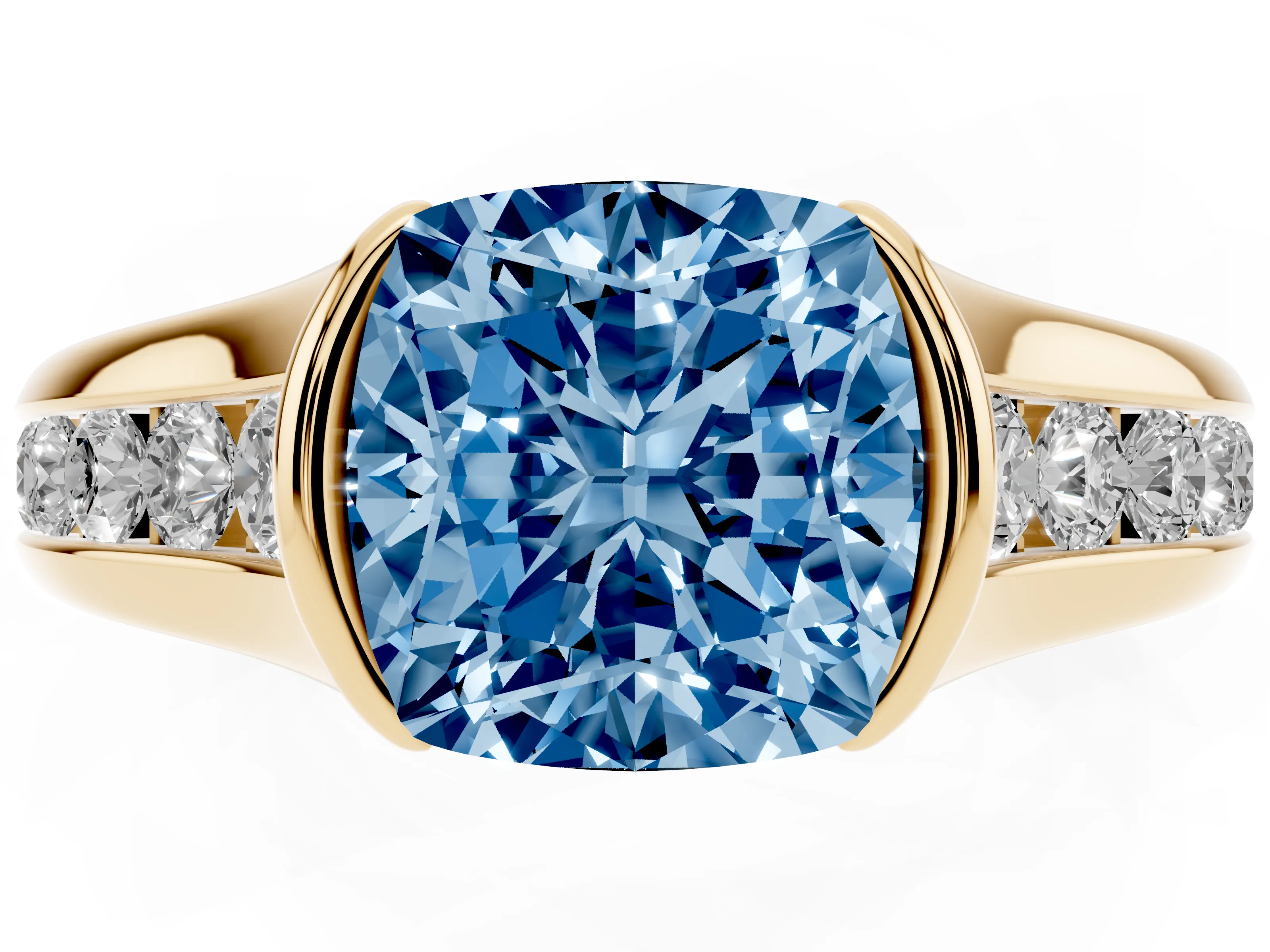 Fancy Blue Cushion Cut Diamond Bezel-Set Solitaire Ring Set in Yellow gold with Channel-Set Band