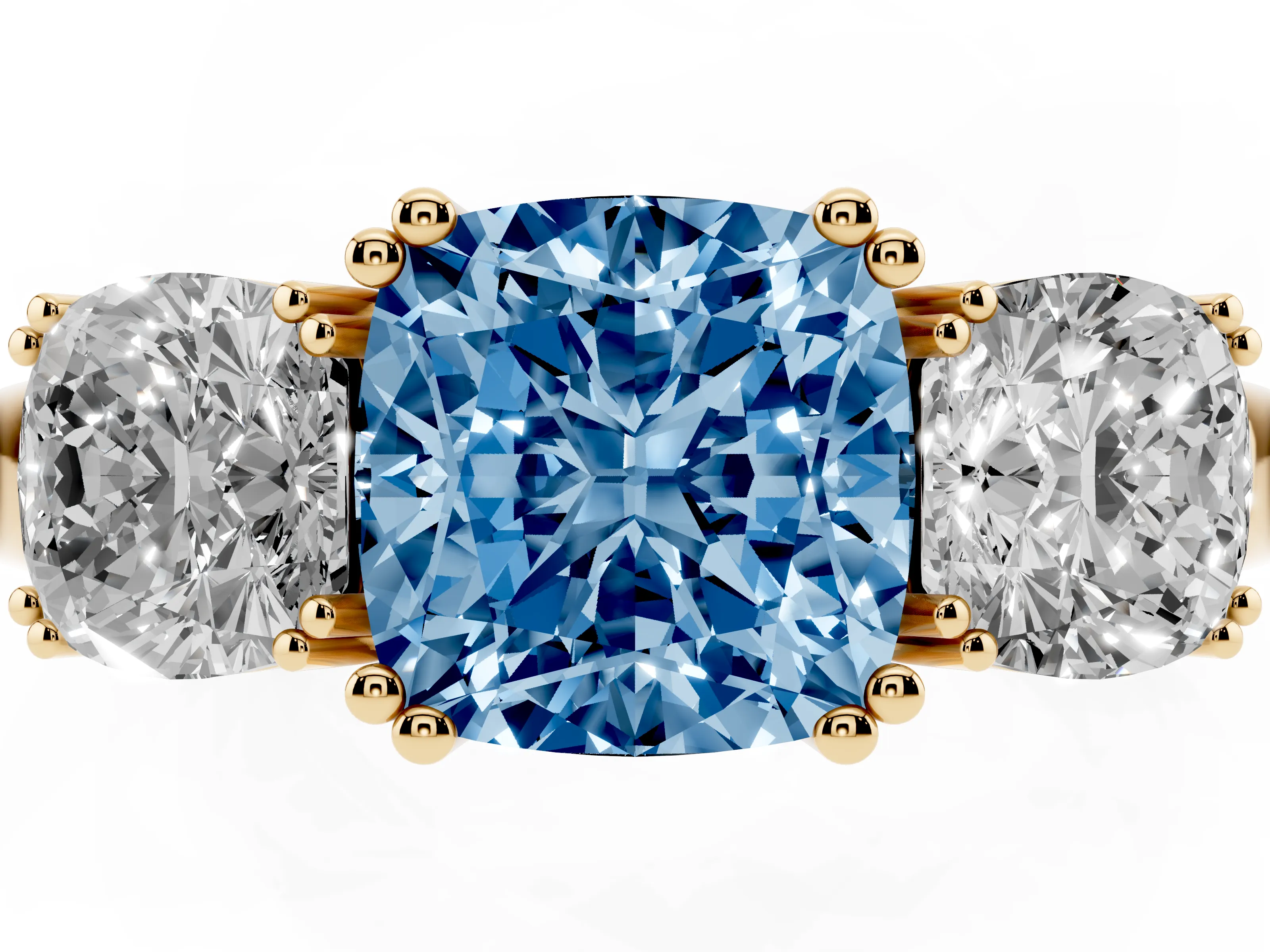 Fancy Blue Cushion Cut Diamond Three-Stone Ring Set in Yellow gold with Polished Band and Prong Setting