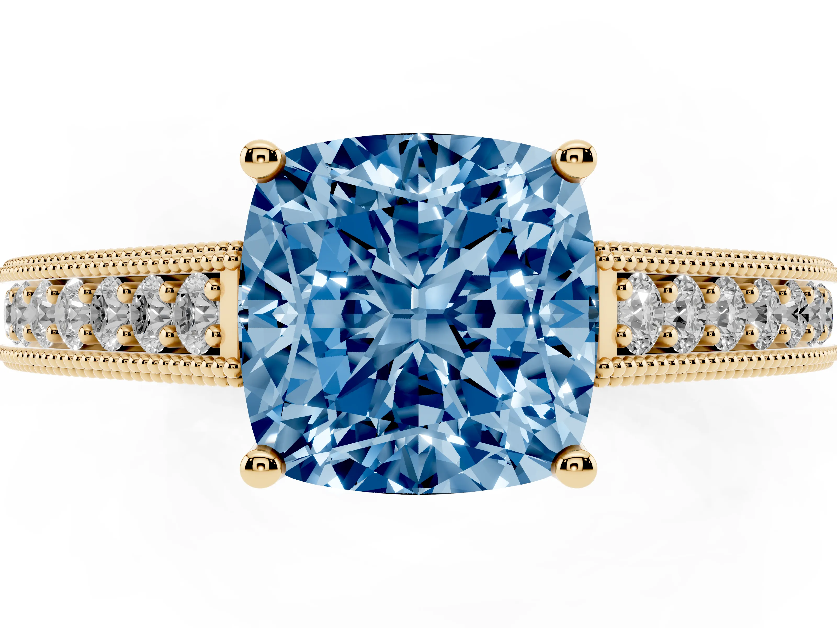 Fancy Blue Cushion Cut Diamond Milgrain Pavé Band Solitaire Ring Set in Yellow gold with Prong Setting