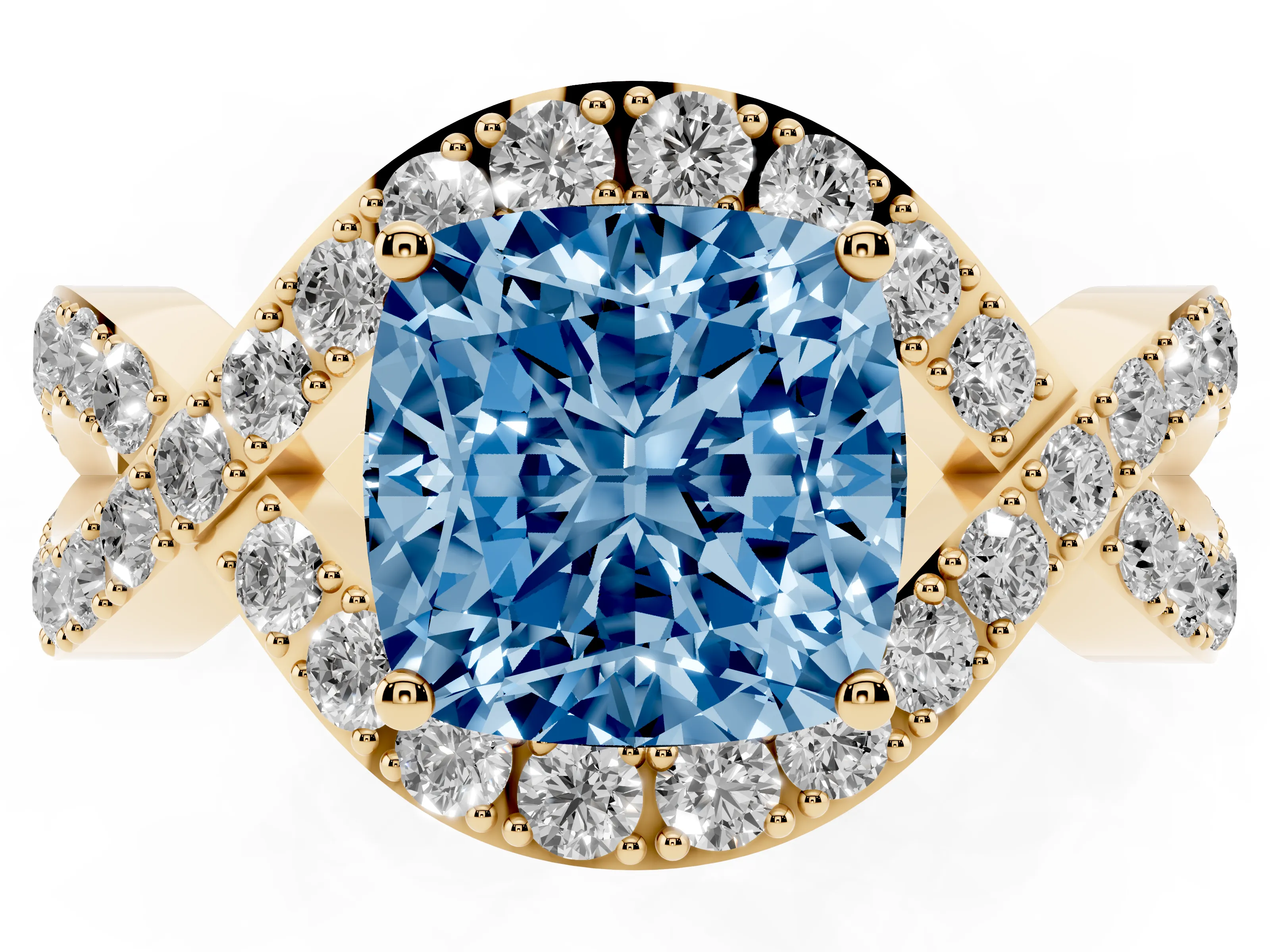 Fancy Blue Cushion Cut Diamond Solitaire Twist Band Pavé Engagement Ring Set in Yellow gold