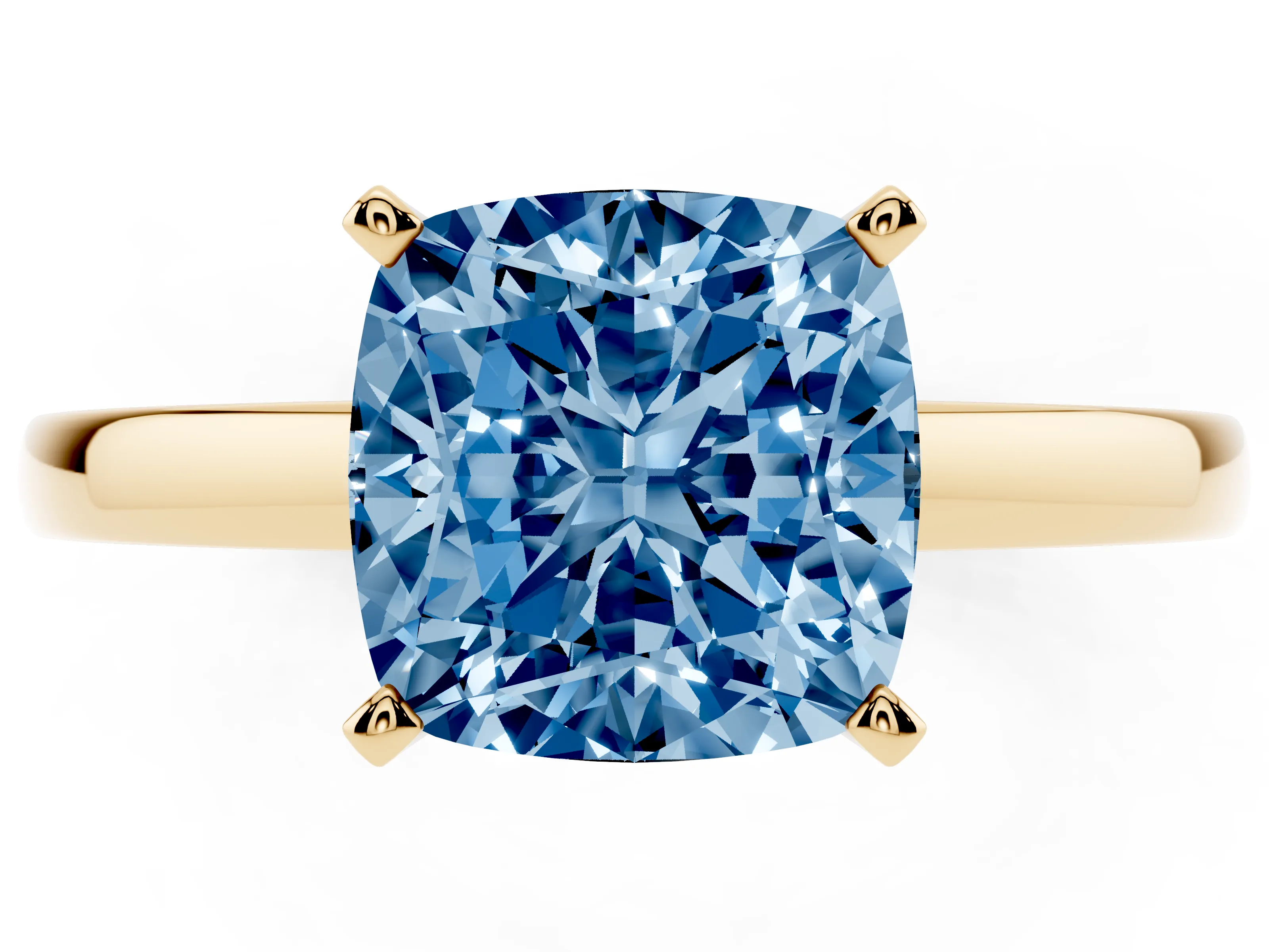Fancy Blue Cushion Cut Diamond Solitaire Engagement Ring Set in Yellow gold with Prong Setting on a Classic Band