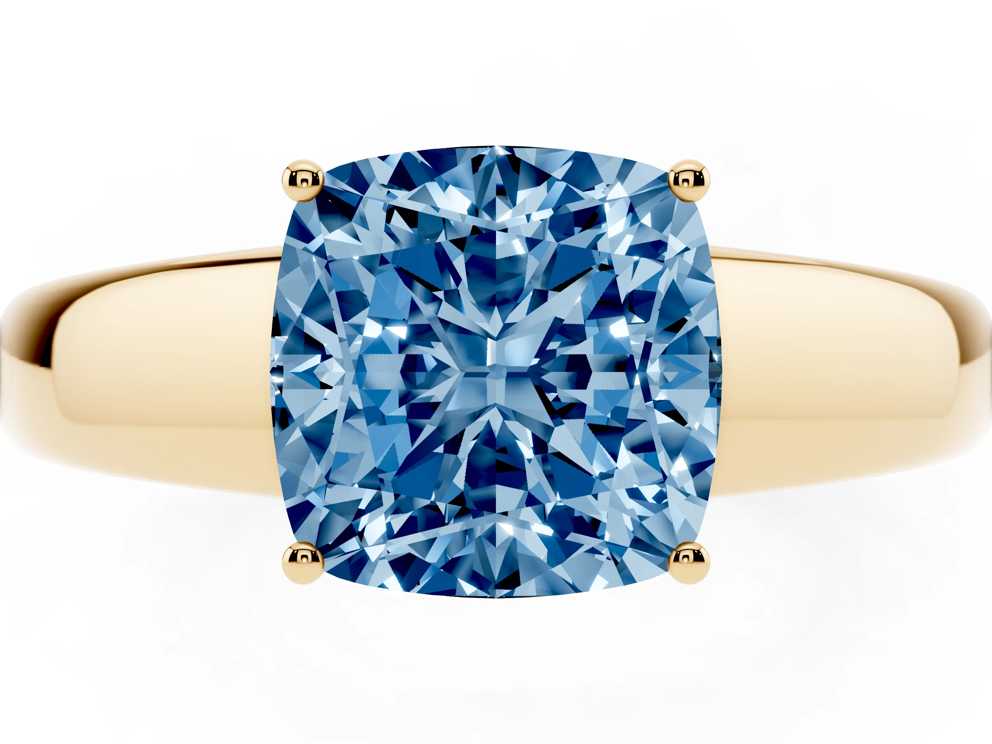 Fancy Blue Cushion Cut Diamond Solitaire Ring Set in Yellow gold with Tapered Band and Prong Setting