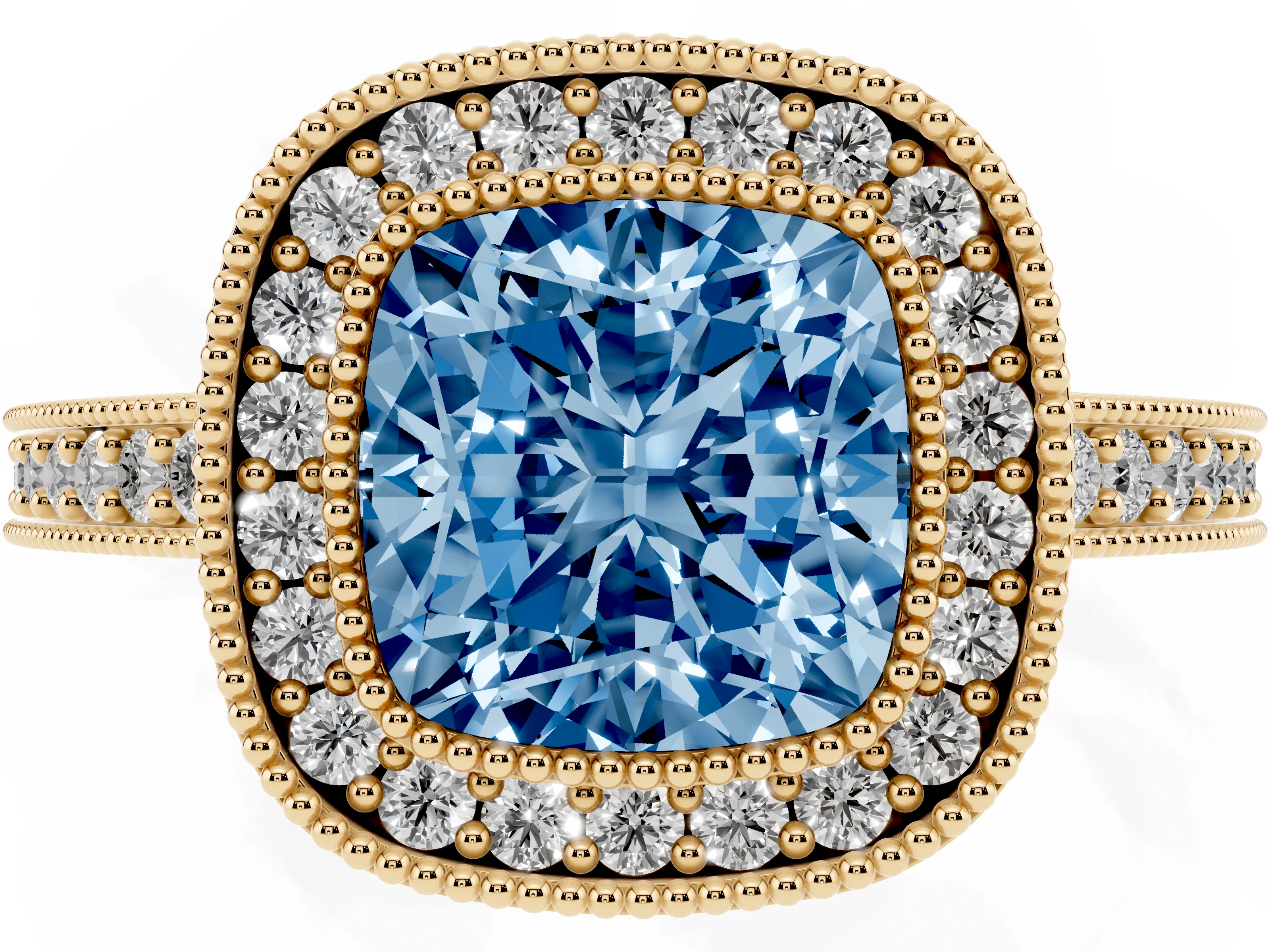 Fancy Blue Cushion Cut Diamond Halo Engagement Ring Set in Yellow gold with Pavé Band and Round Halo Stones