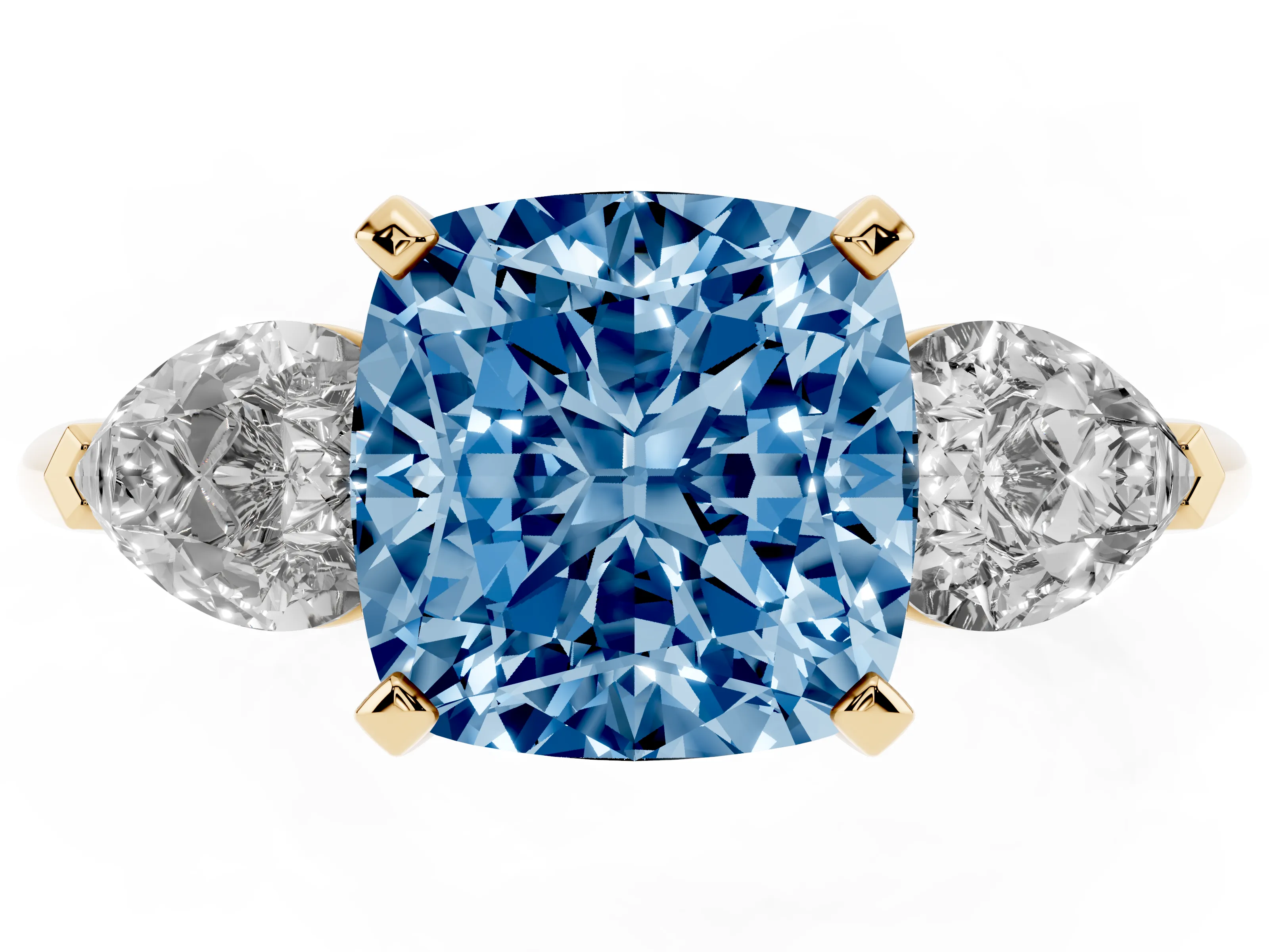 Fancy Blue Three-Stone Cushion Cut Diamond Ring Set in Yellow gold with Pear Side Stones and Prong Setting