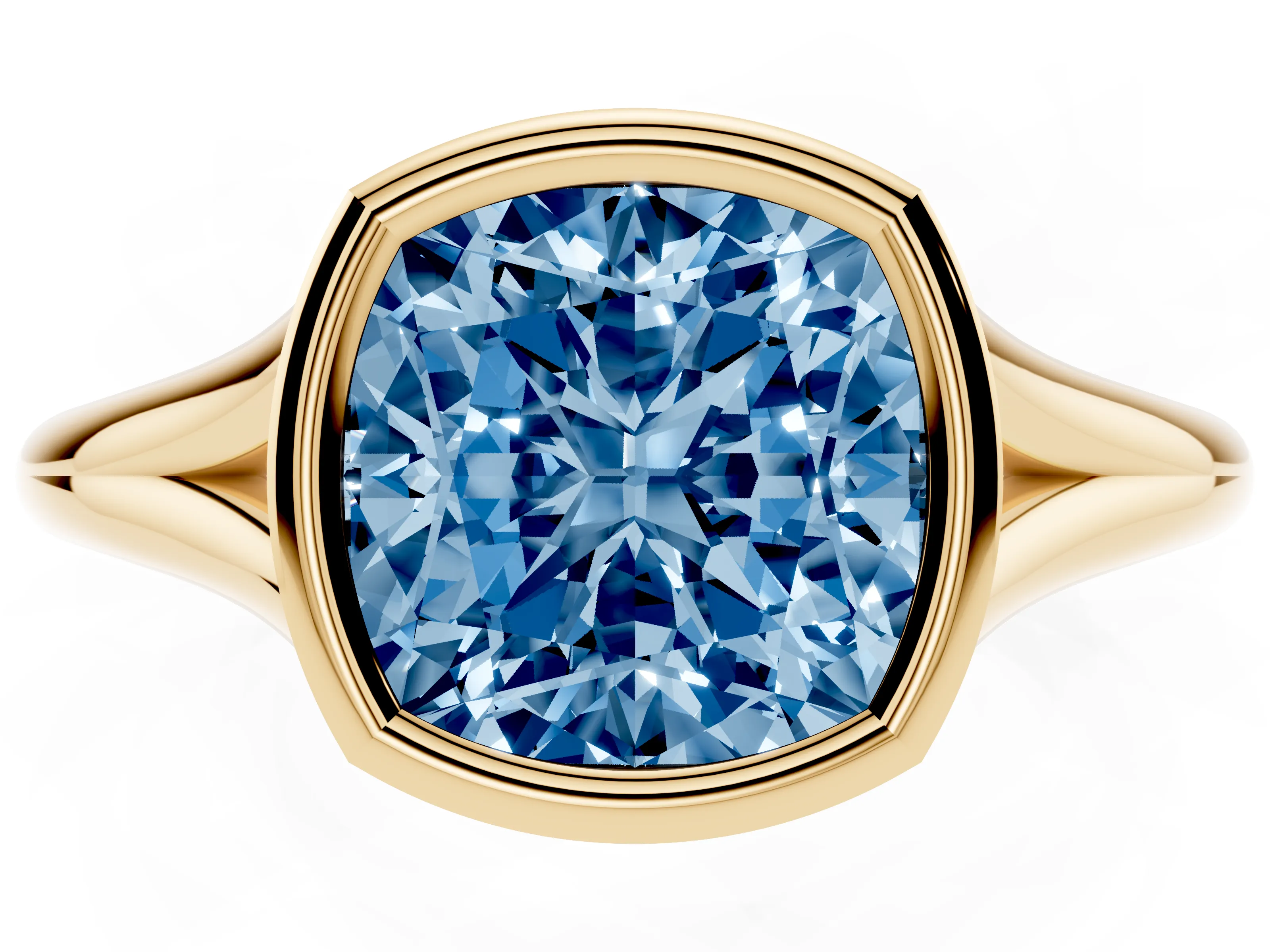 Fancy Blue Bezel Set Cushion Cut Diamond Solitaire Ring Set in Yellow gold with Tapered Band